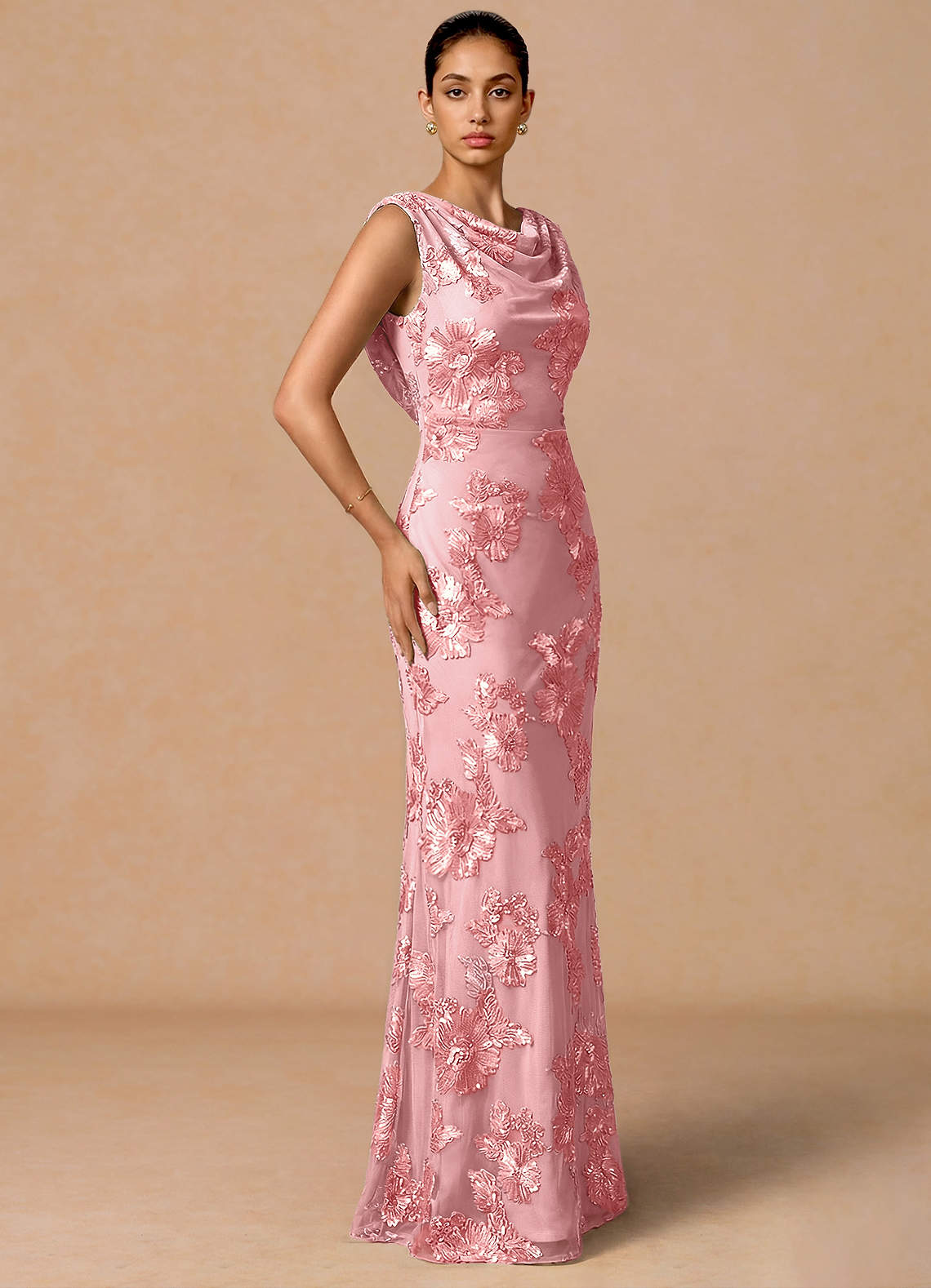 Elowis Column Open-Back Floral Mesh Evening Dress in Pink