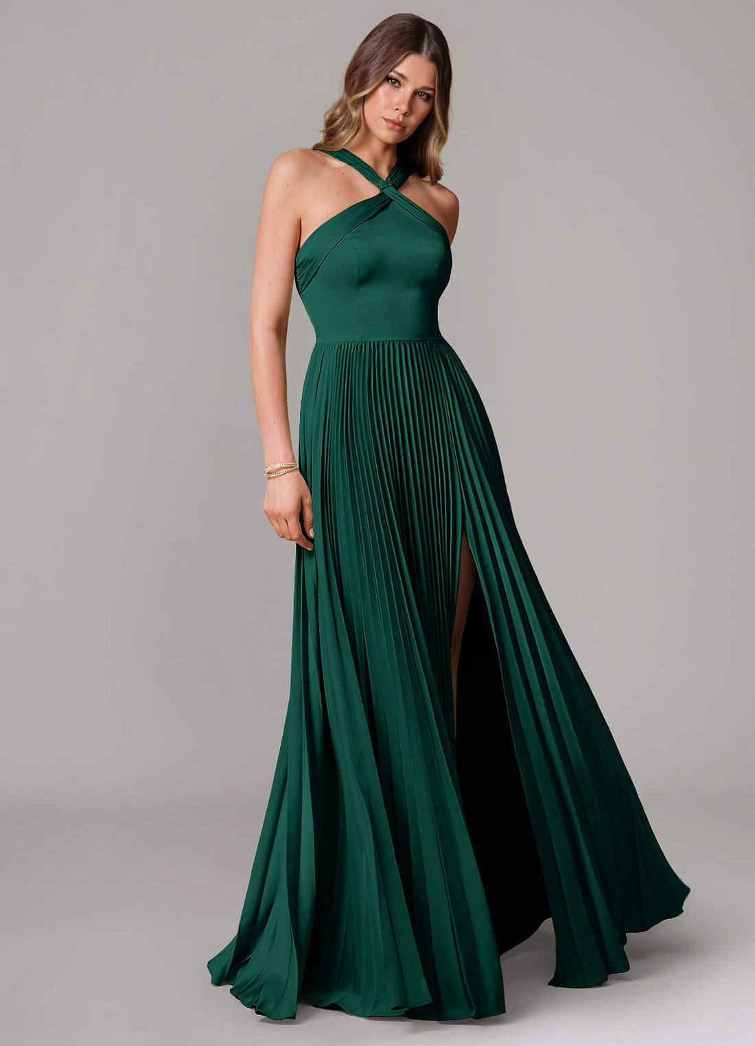 Afra A-Line Halter-Neck Stretch Satin Bridesmaid Dress in Emerald