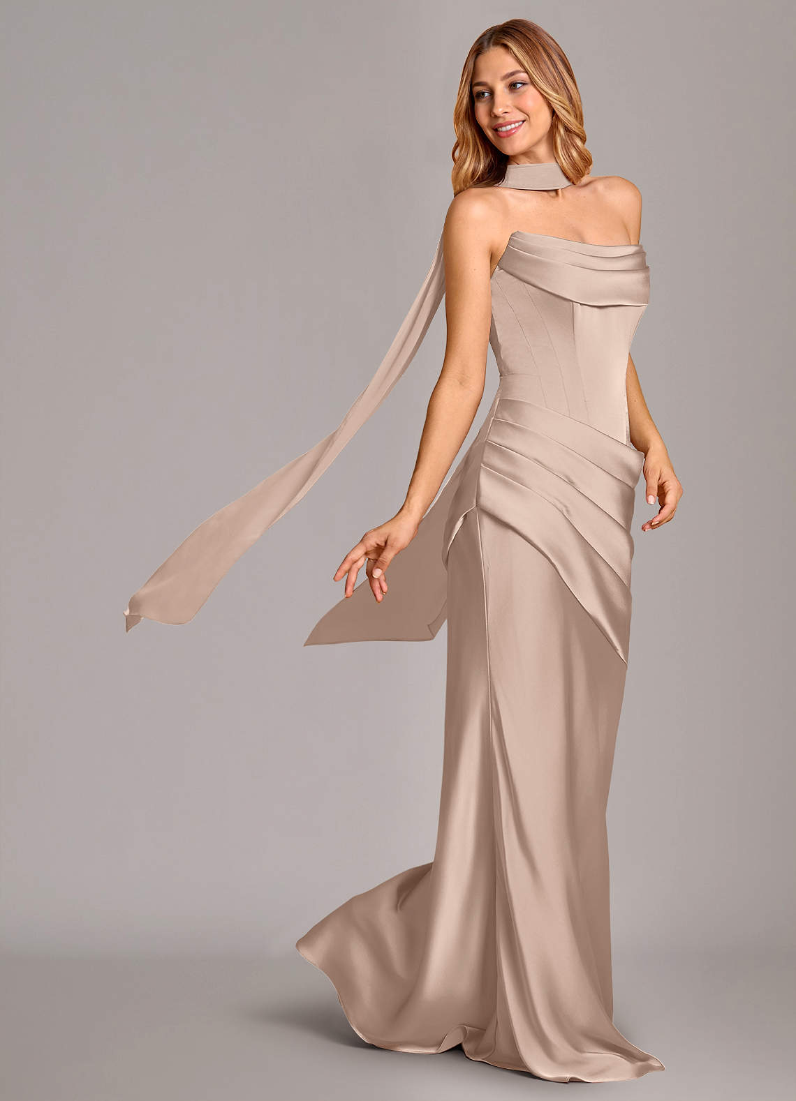 Pelagia Mermaid Cowl-Neck Stretch Satin Bridesmaid Dress in English Rose