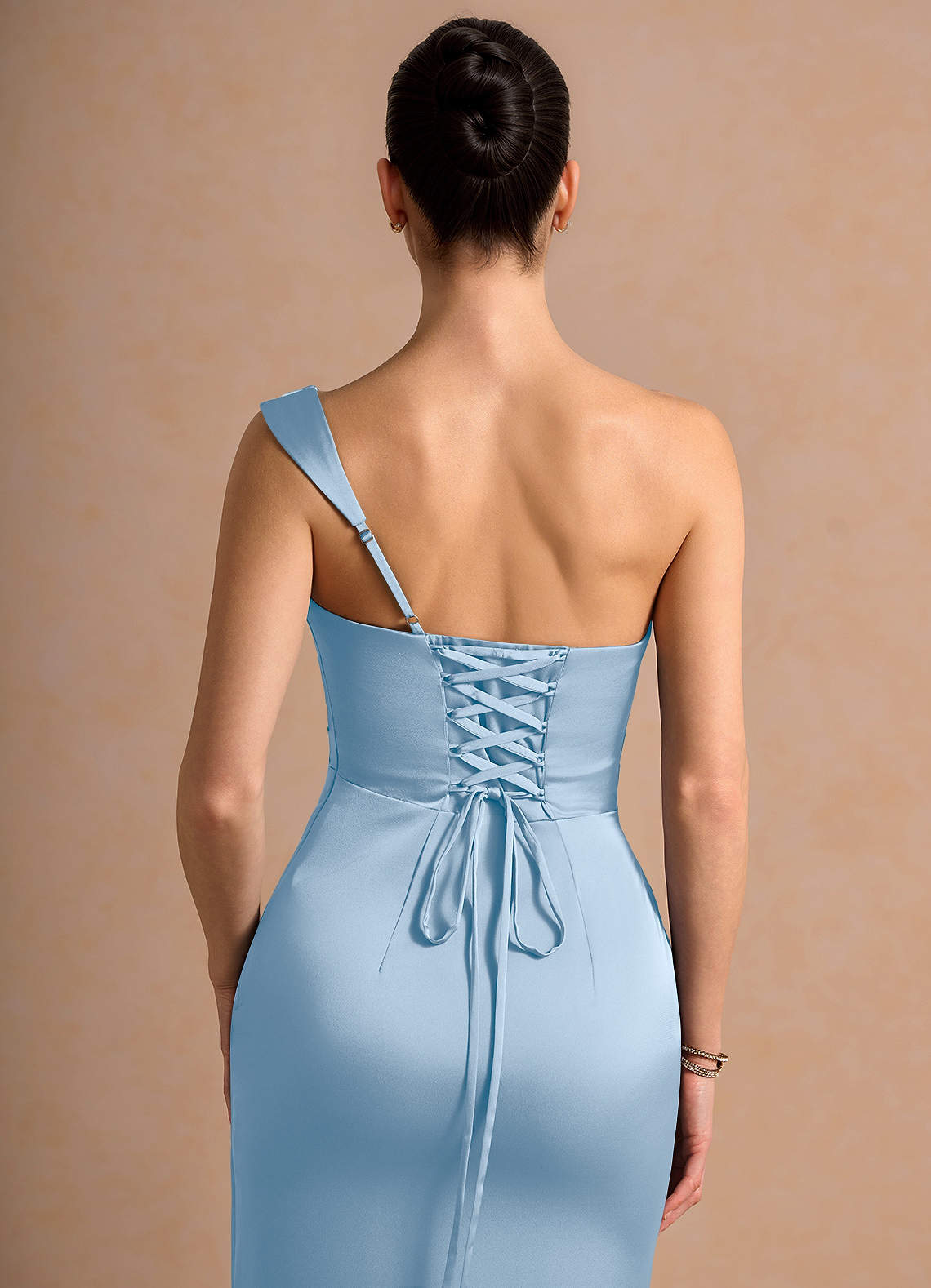 Cassiopeia One-Shoulder Draped Stretch Satin Evening Dress in Haze blue