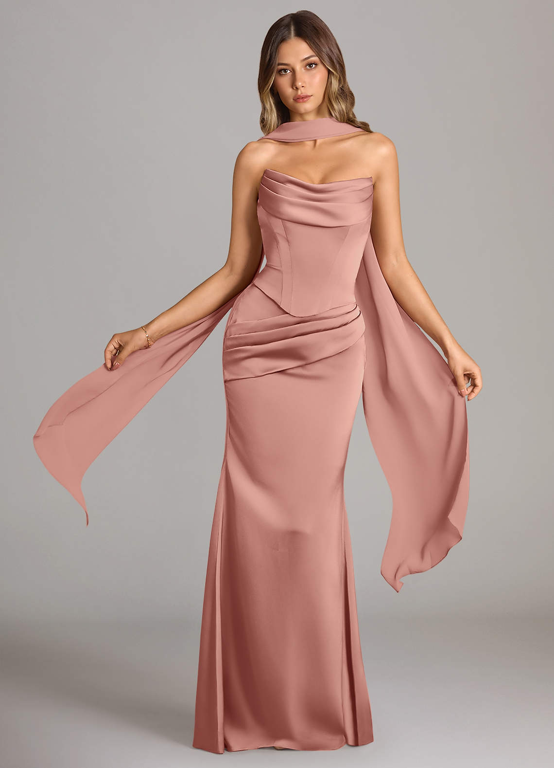 Sorrel Mermaid Cowl-Neck Stretch Satin and Chiffon Bridesmaid Dress in Rosette
