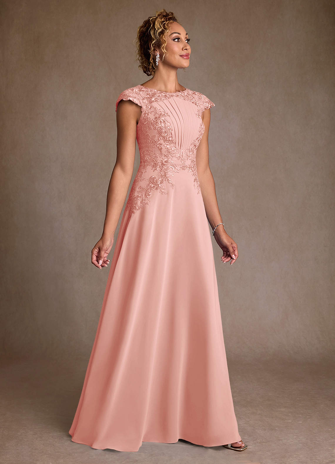 Christi A-Line Scoop-Neck Chiffon and Lace Mother of the Bride Dress in Rosette