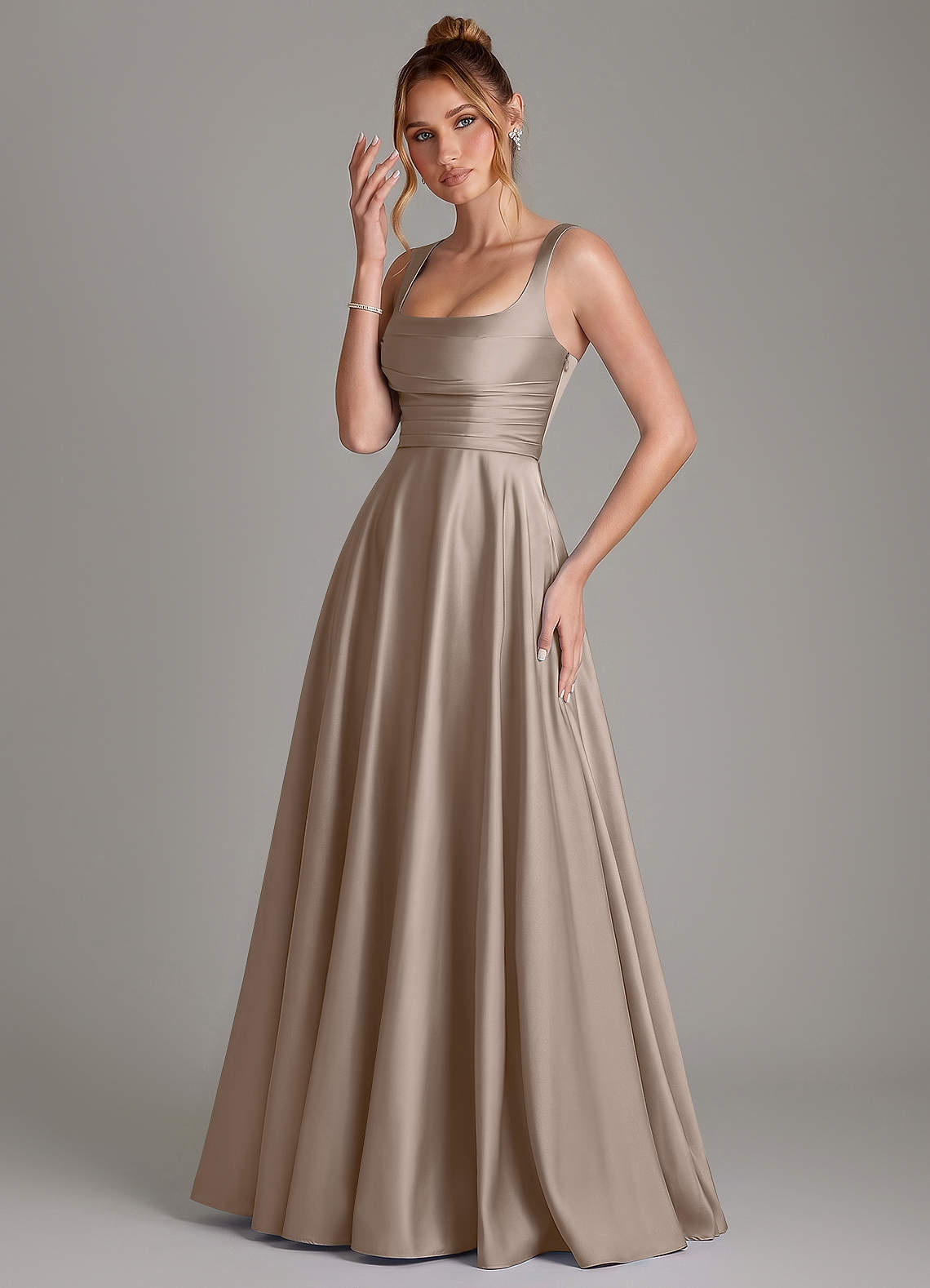 Azaria A-Line Square-Neck Stretch Satin Bridesmaid Dress in Taupe