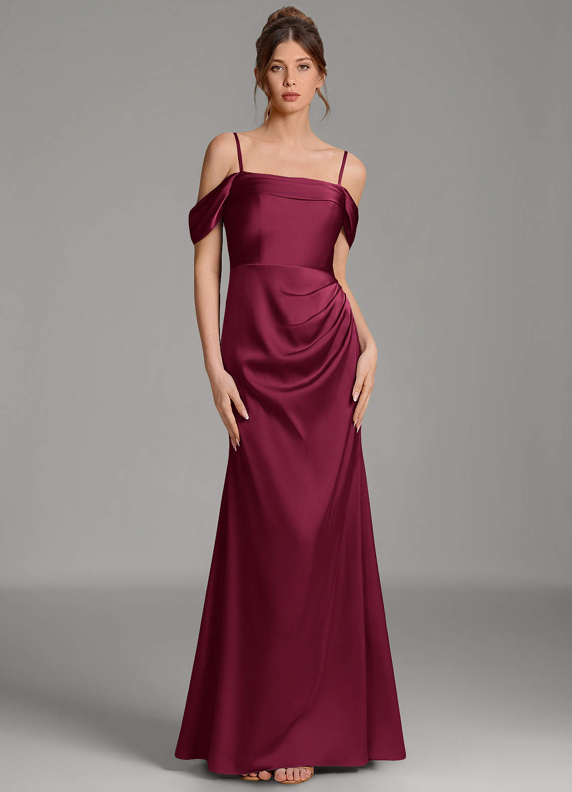 Wyatt Mermaid Off-the-Shoulder Stretch Satin Bridesmaid Dress in Burgundy