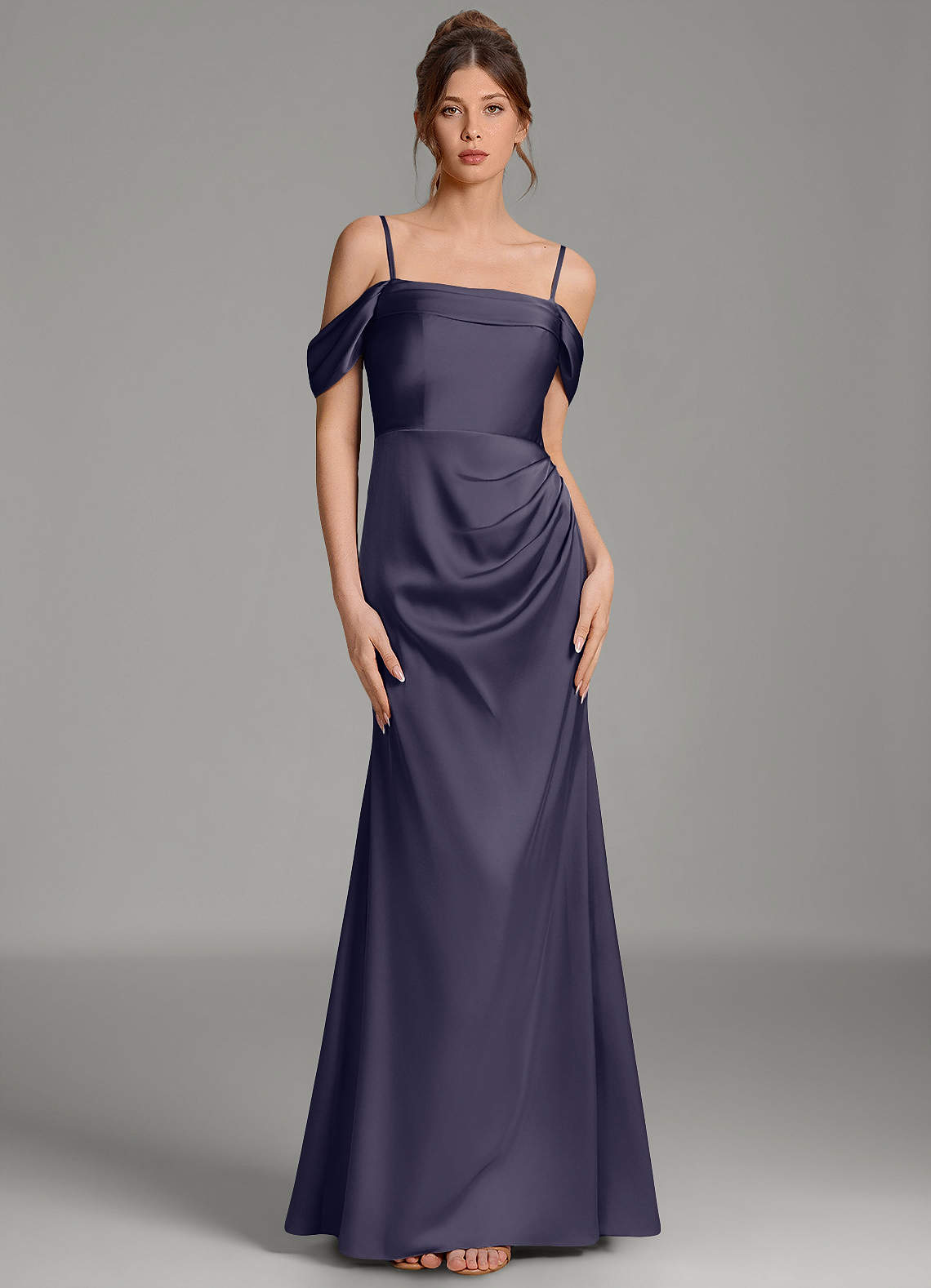 Wyatt Mermaid Off-the-Shoulder Stretch Satin Bridesmaid Dress in Stormy