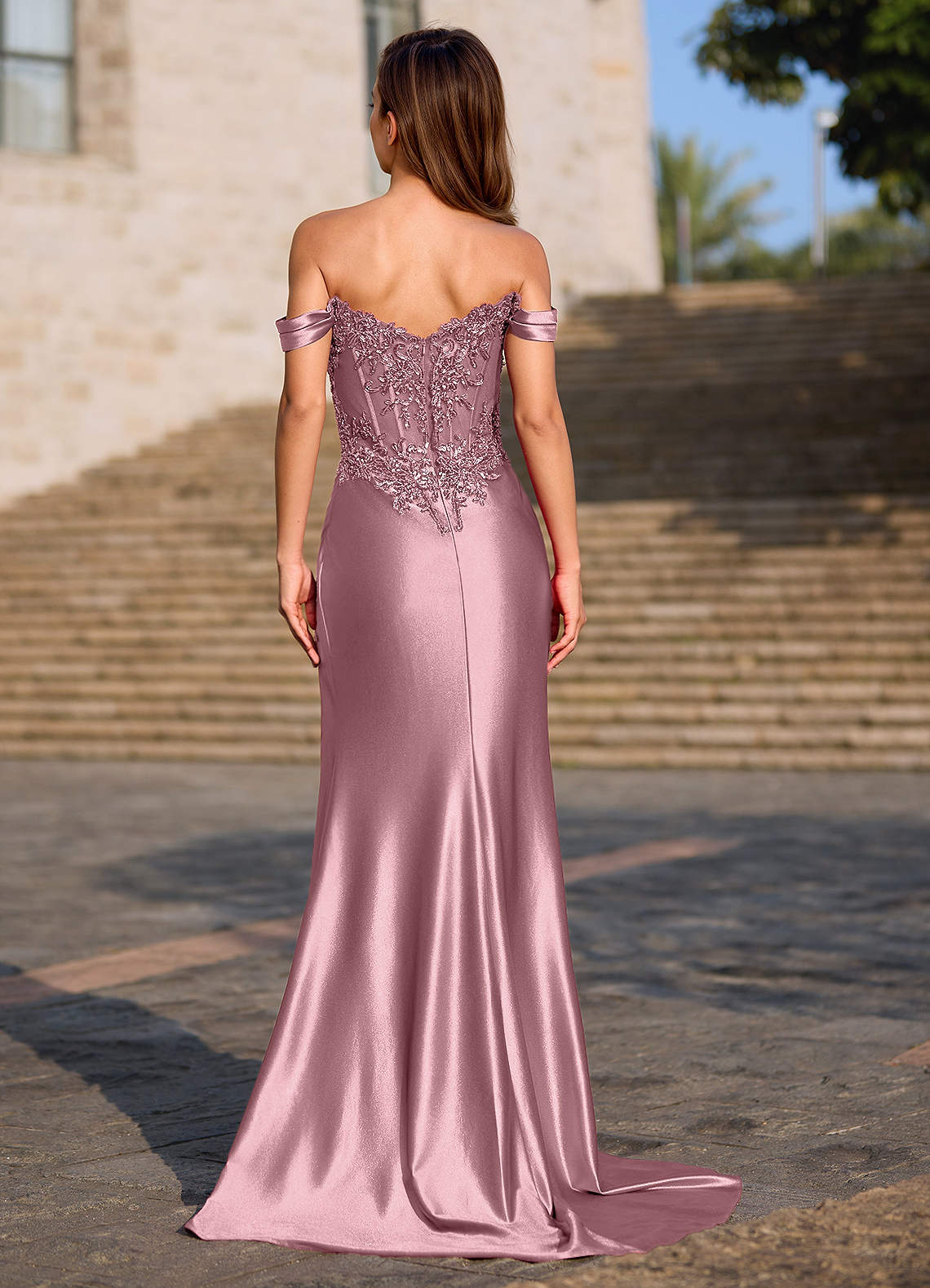 Opulence Mermaid Off-the-Shoulder Satin Evening Dress in Dusty Pink