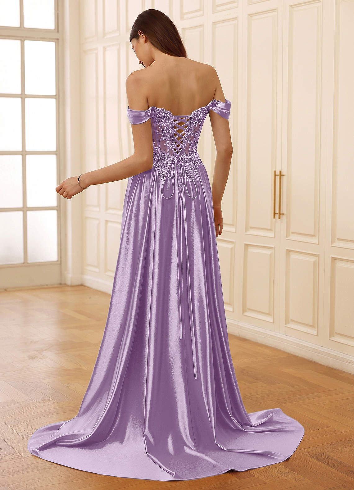 Rowane A-Line Off-the-Shoulder Satin Evening Dress in Lilac