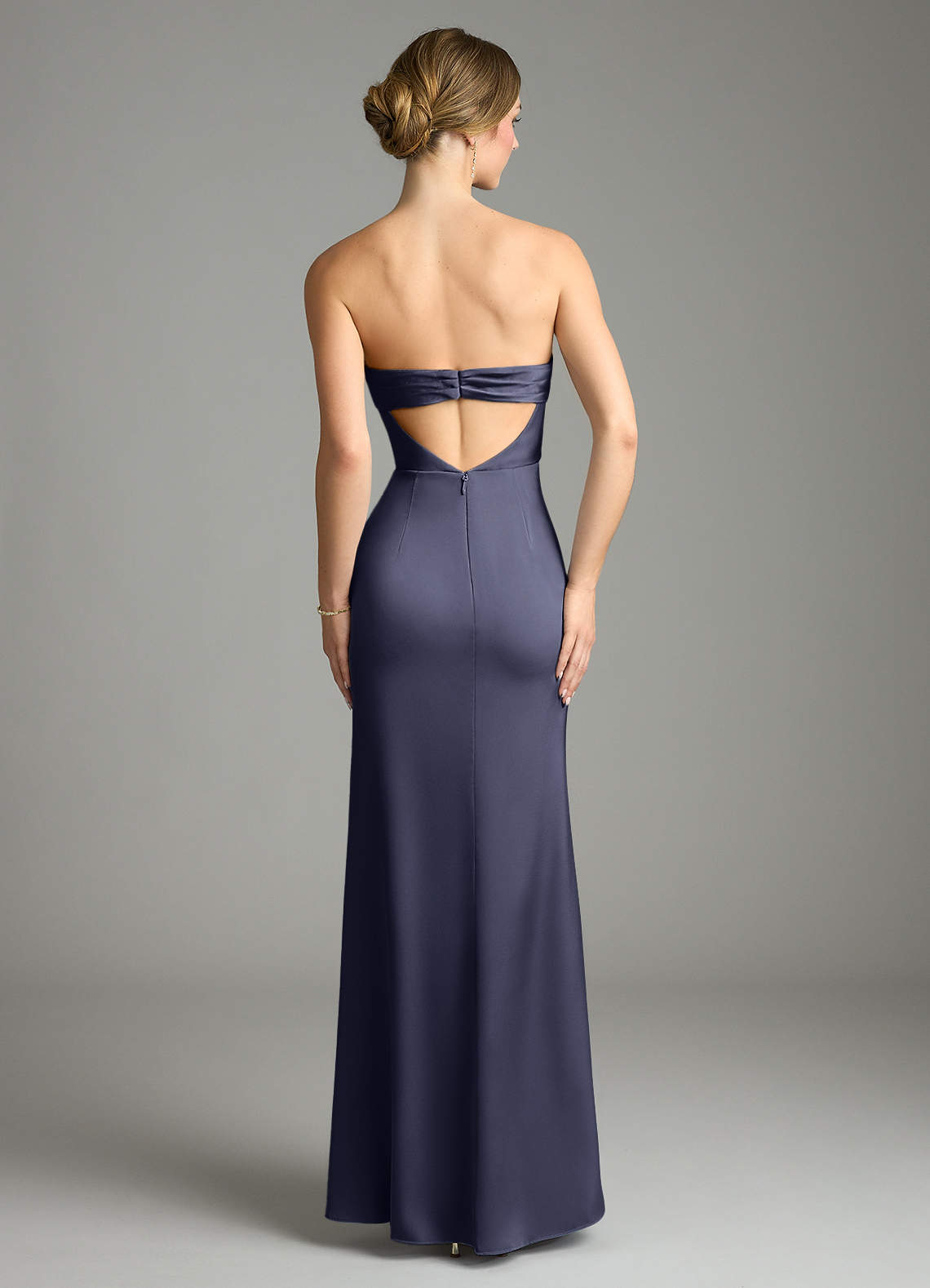 Leonis Mermaid Cowl-Neck Stretch Satin Bridesmaid Dress in Stormy