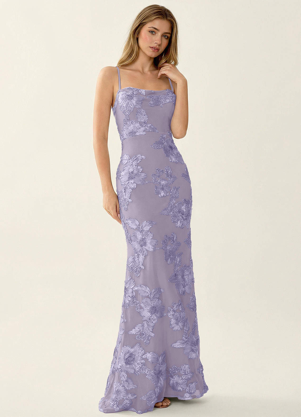 Kailani Mermaid Spaghetti-Strap Lace Evening Dress in Pale Purple