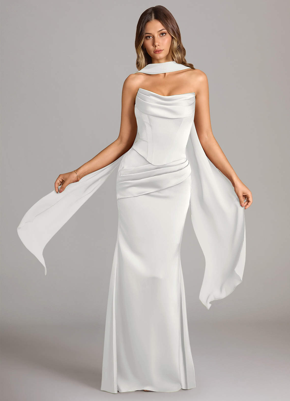 Sorrel Mermaid Cowl-Neck Stretch Satin and Chiffon Bridesmaid Dress in white
