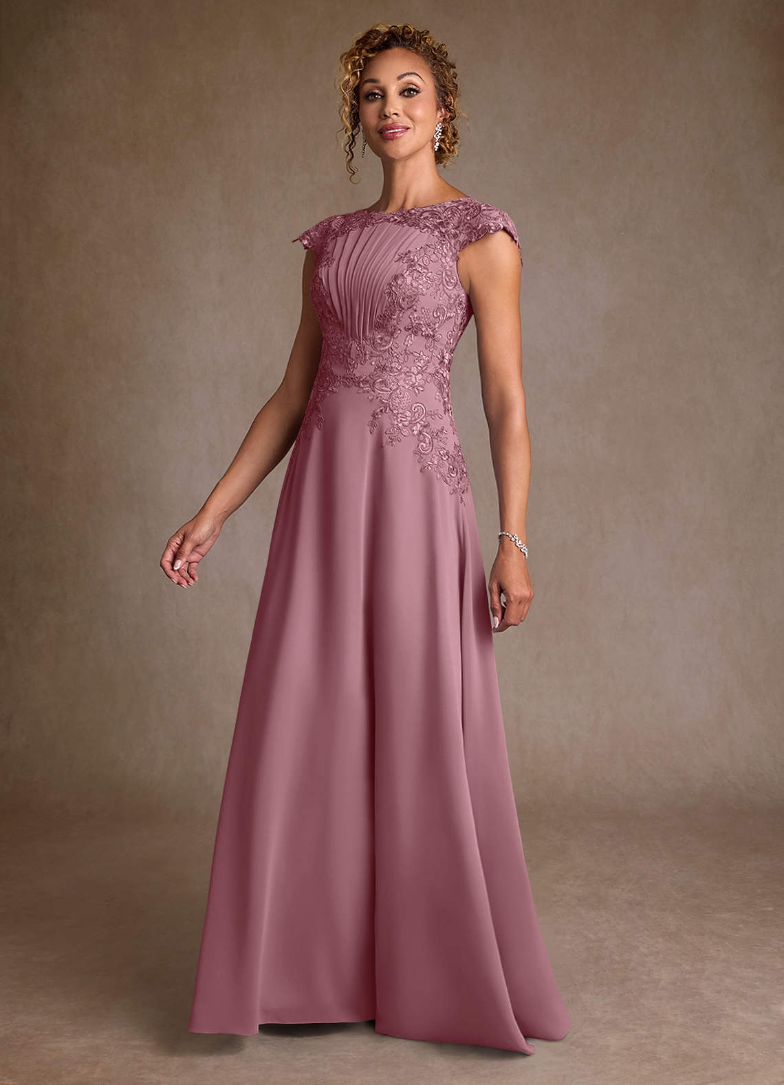 Christi A-Line Scoop-Neck Chiffon and Lace Mother of the Bride Dress in Vintage Mauve