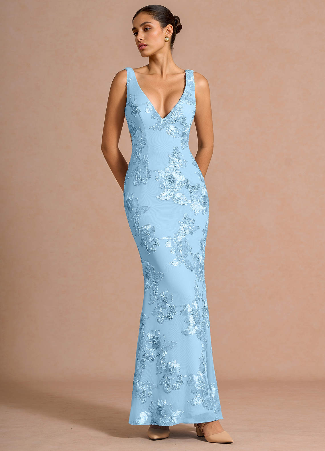 Ivellea Mermaid V-Neck Mesh Evening Dress in Sky Blue