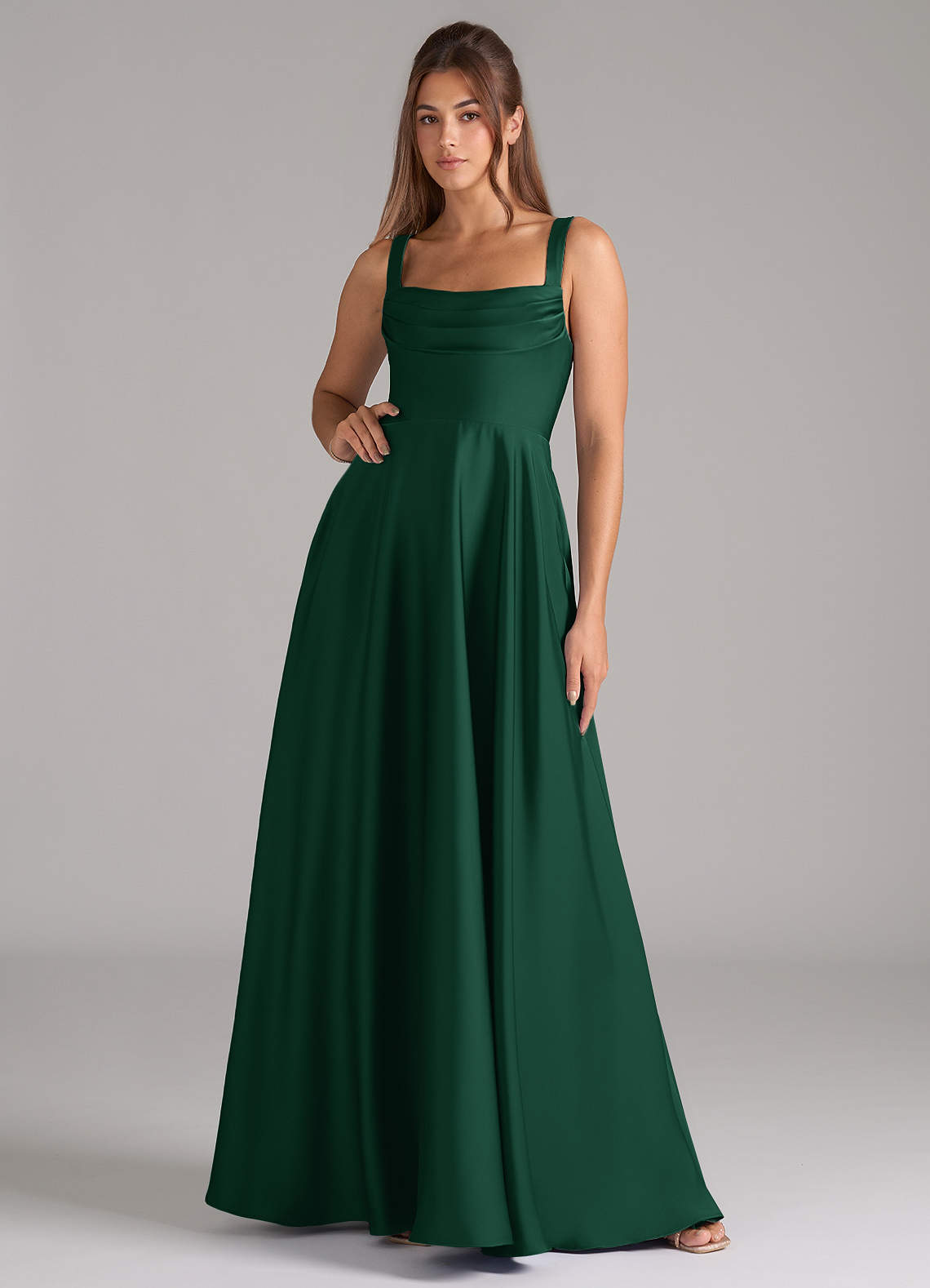 Shaude A-Line Square-Neck Stretch Satin Bridesmaid Dress in Dark Green