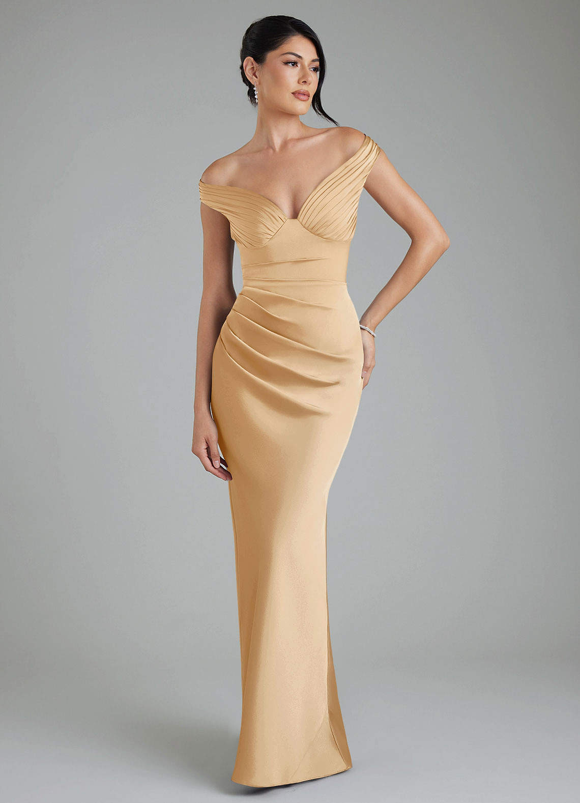 Stella Sheath V-Neck Stretch Satin Bridesmaid Dress in Gold