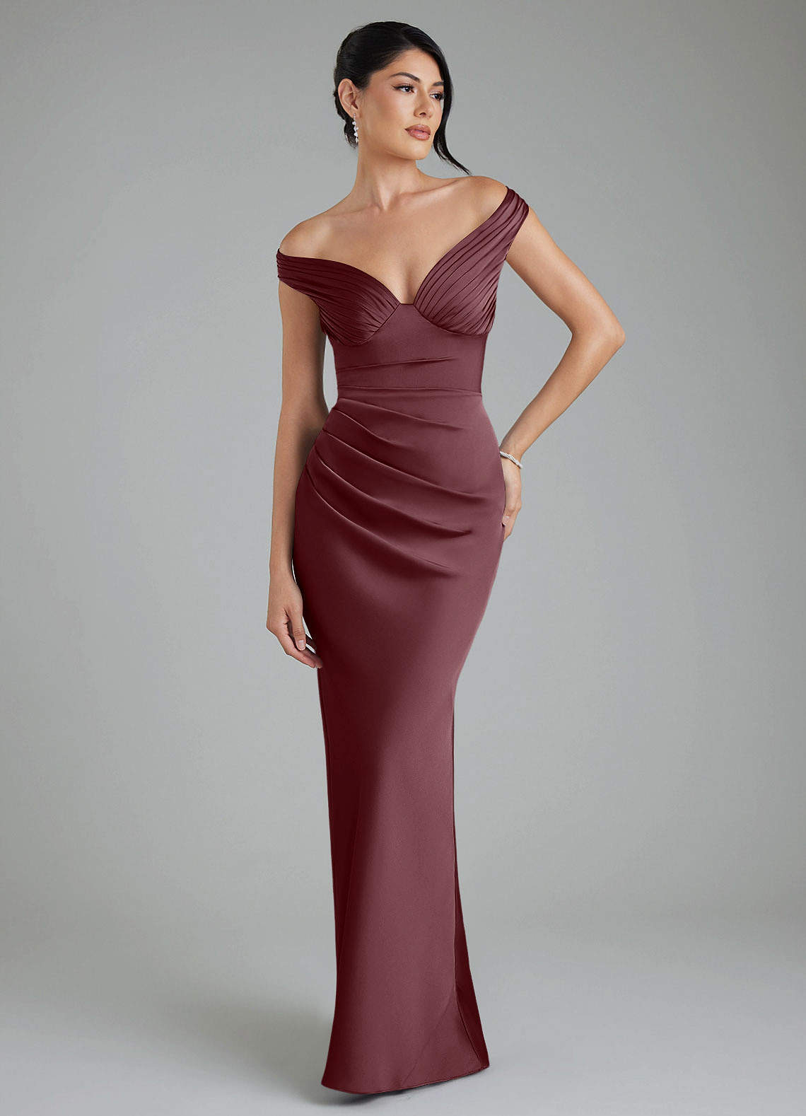 Stella Sheath V-Neck Stretch Satin Bridesmaid Dress in Sangria