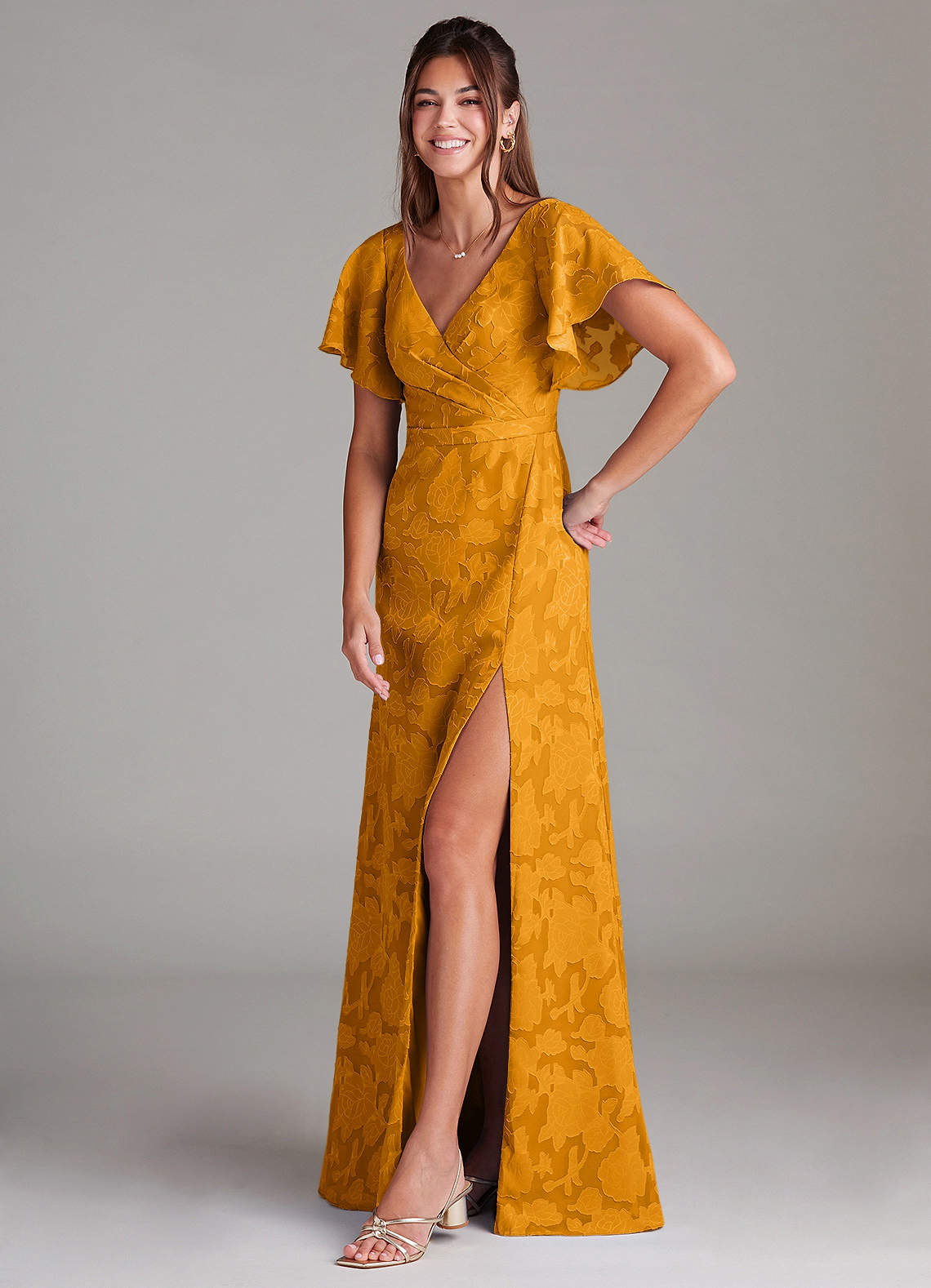 Ambrosia A-Line V-Neck Floral Burnout Bridesmaid Dress in butterscotch
