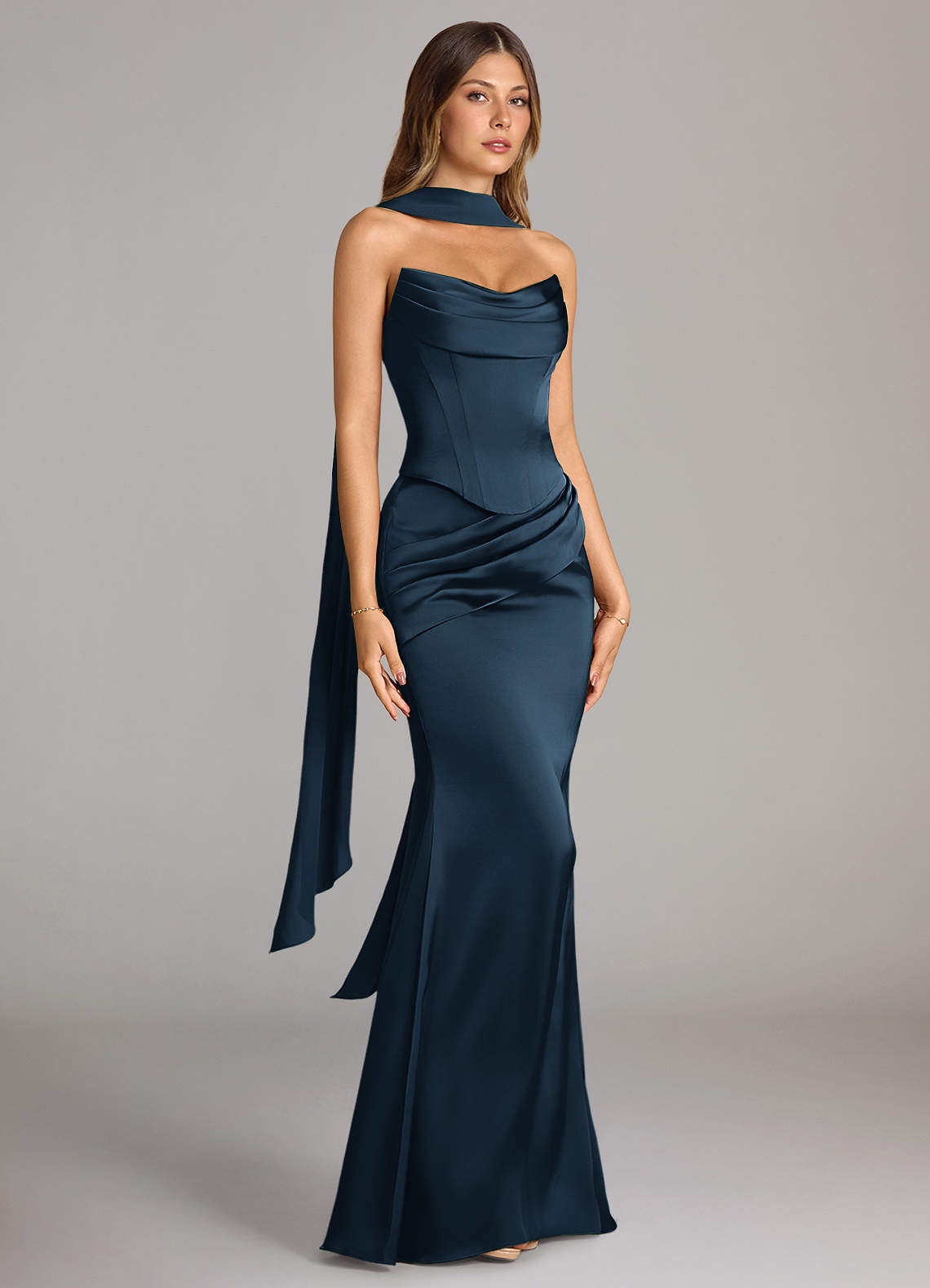 Sorrel Mermaid Cowl-Neck Stretch Satin and Chiffon Bridesmaid Dress in Dark Navy