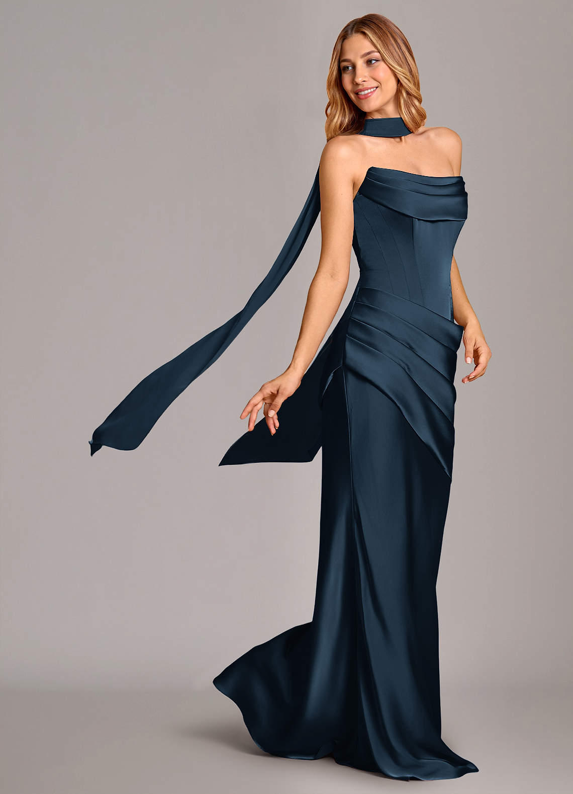 Pelagia Mermaid Cowl-Neck Stretch Satin Bridesmaid Dress in Dark Navy