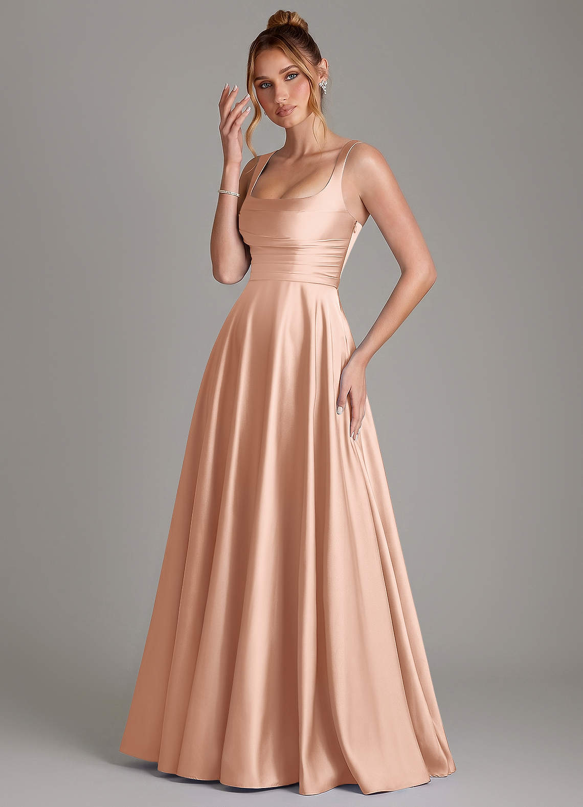 Azaria A-Line Square-Neck Stretch Satin Bridesmaid Dress in rose gold