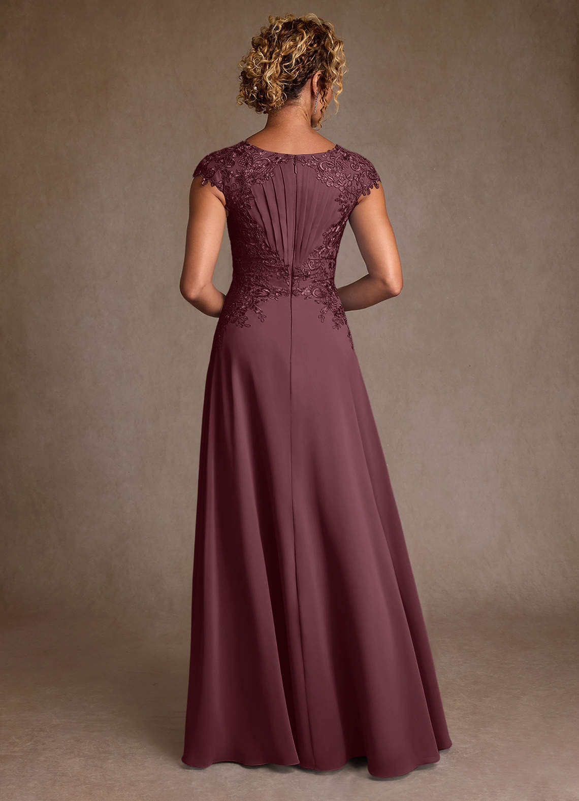 Christi A-Line Scoop-Neck Chiffon and Lace Mother of the Bride Dress in Sangria