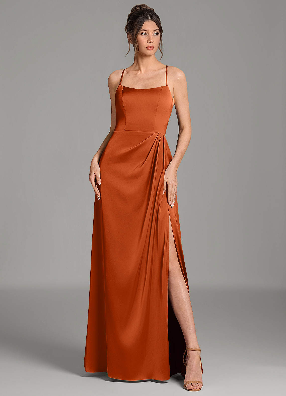 Frankie A-Line Scoop-Neck Stretch Satin Bridesmaid Dress in Burnt Orange