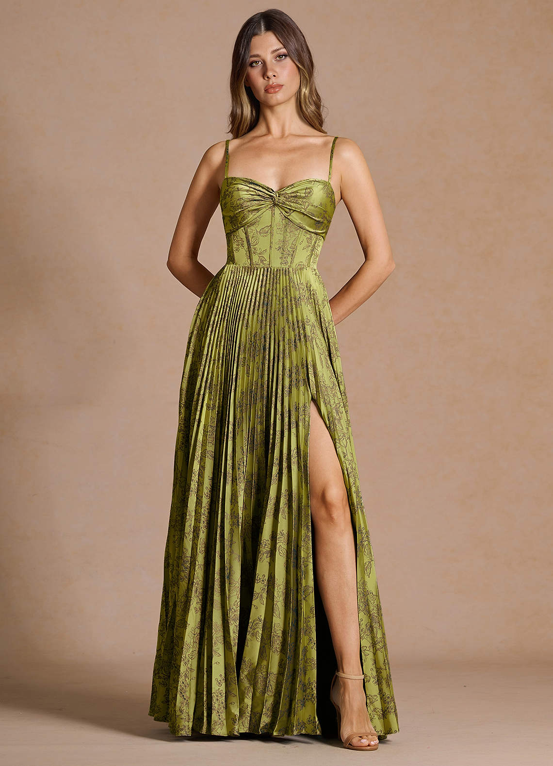 Vesper Pleated Knot-Neck Jacquard Wedding Guest Dress in Moss Navy