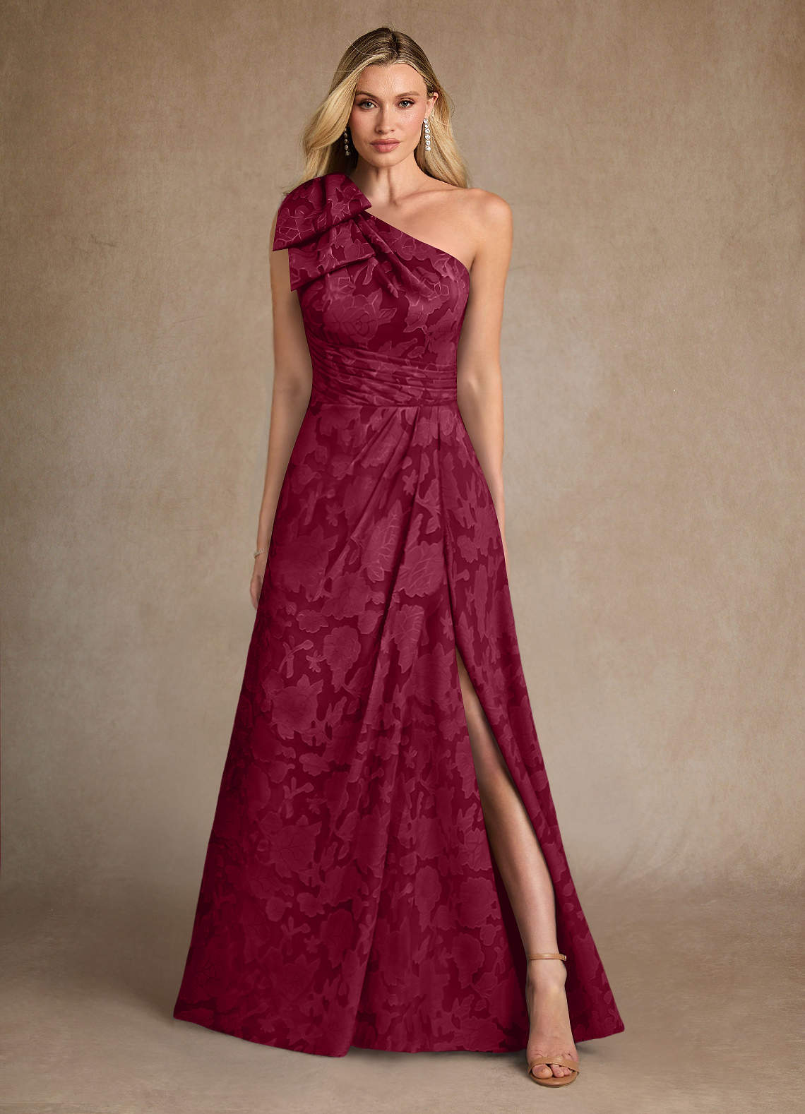 Easton A-Line One-Shoulder Jacquard Mother of the Bride Dress in Burgundy