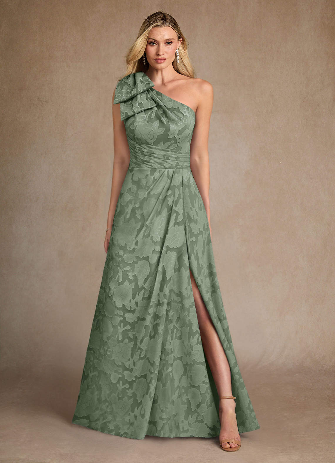 Easton A-Line One-Shoulder Jacquard Mother of the Bride Dress in matcha
