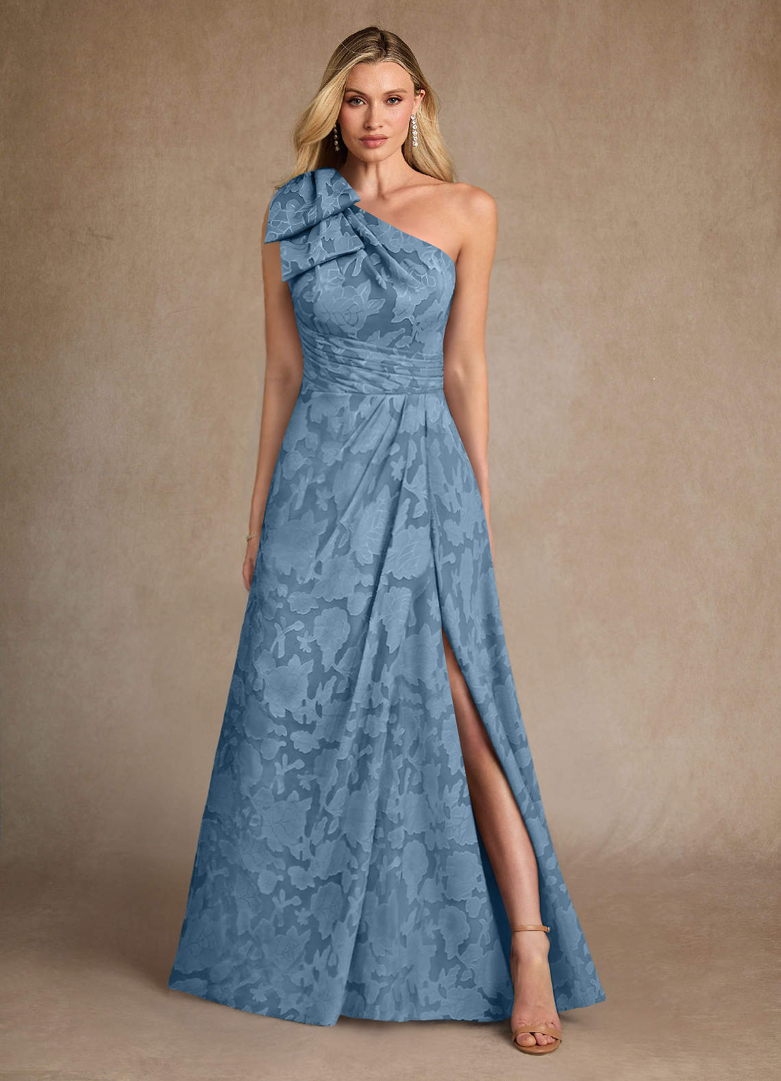 Easton A-Line One-Shoulder Jacquard Mother of the Bride Dress in Steel Blue