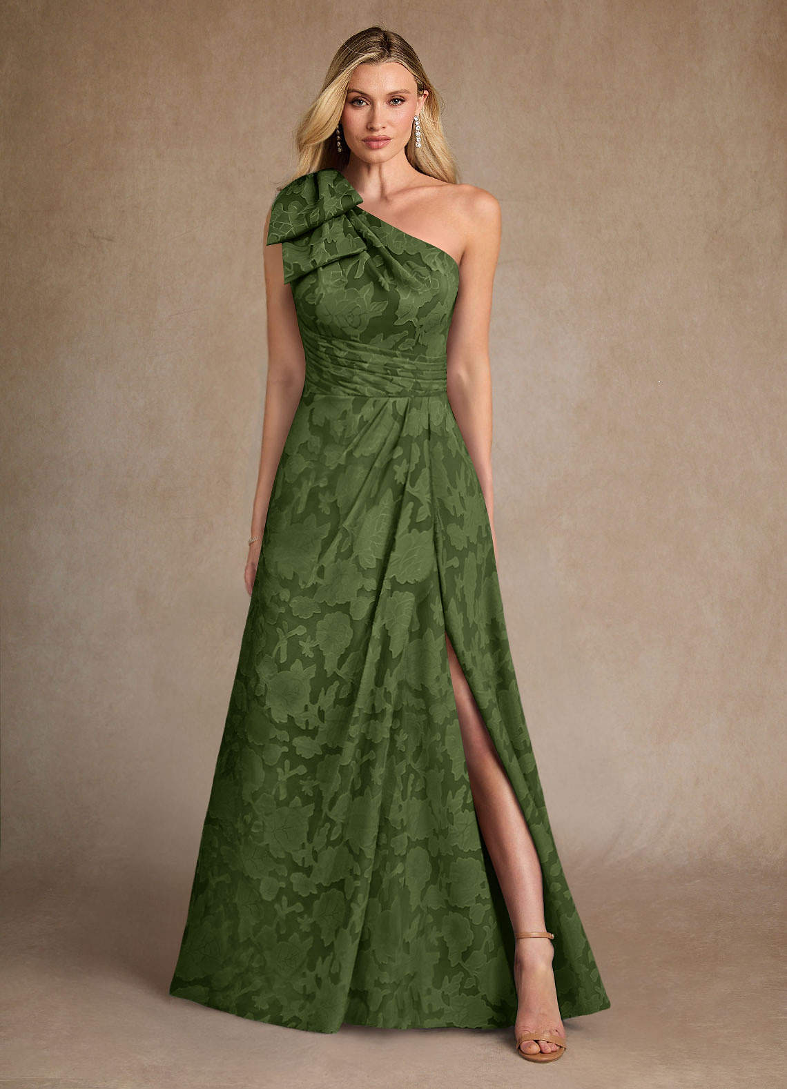 Easton A-Line One-Shoulder Jacquard Mother of the Bride Dress in Olive