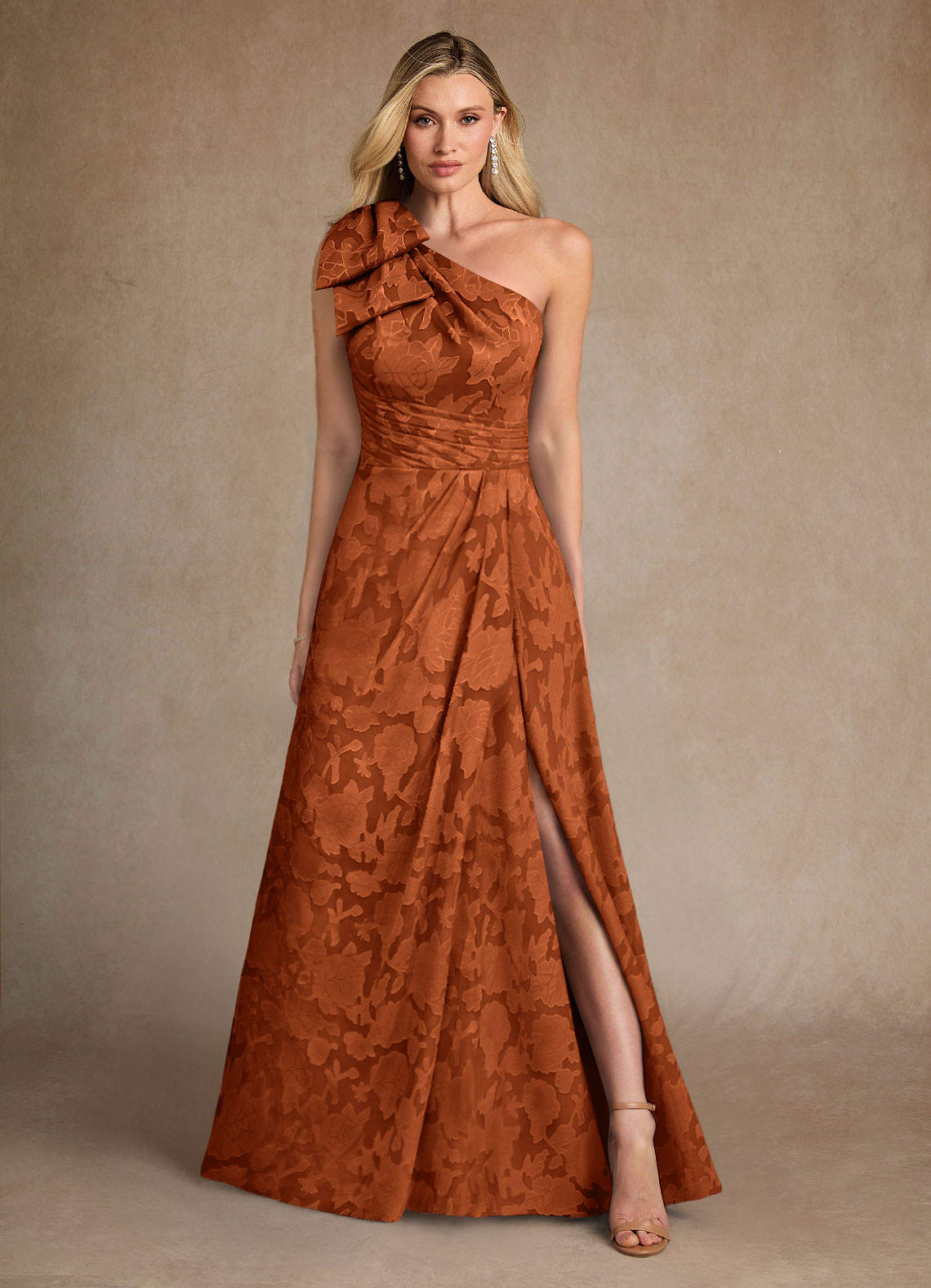 Easton A-Line One-Shoulder Jacquard Mother of the Bride Dress in Burnt Orange