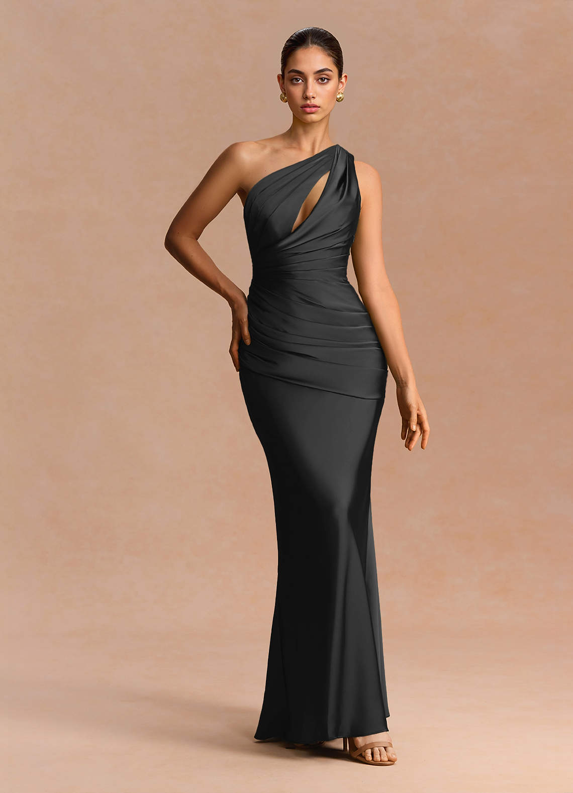 Guinevere One-Shoulder Cutout Stretch Satin Evening Dress in black