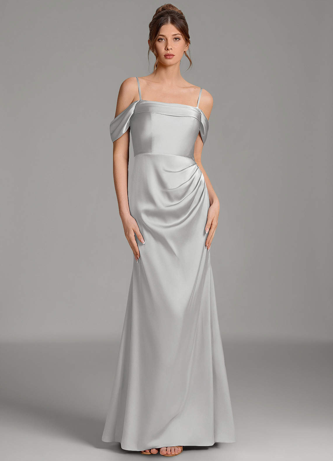 Wyatt Mermaid Off-the-Shoulder Stretch Satin Bridesmaid Dress in Silver