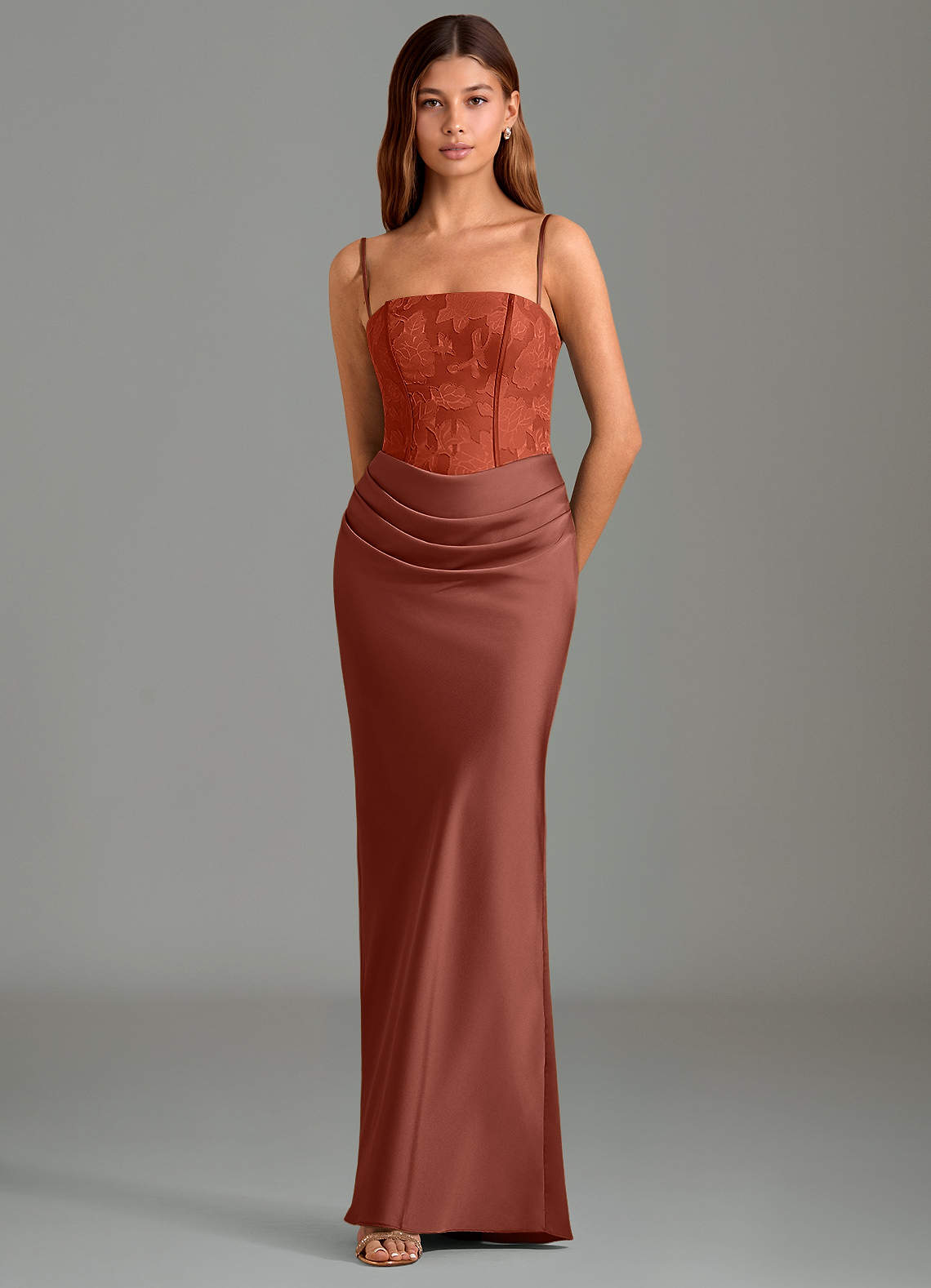 Emilia Mermaid Strapless Stretch Satin and Floral Burnout Bridesmaid Dress in Auburn