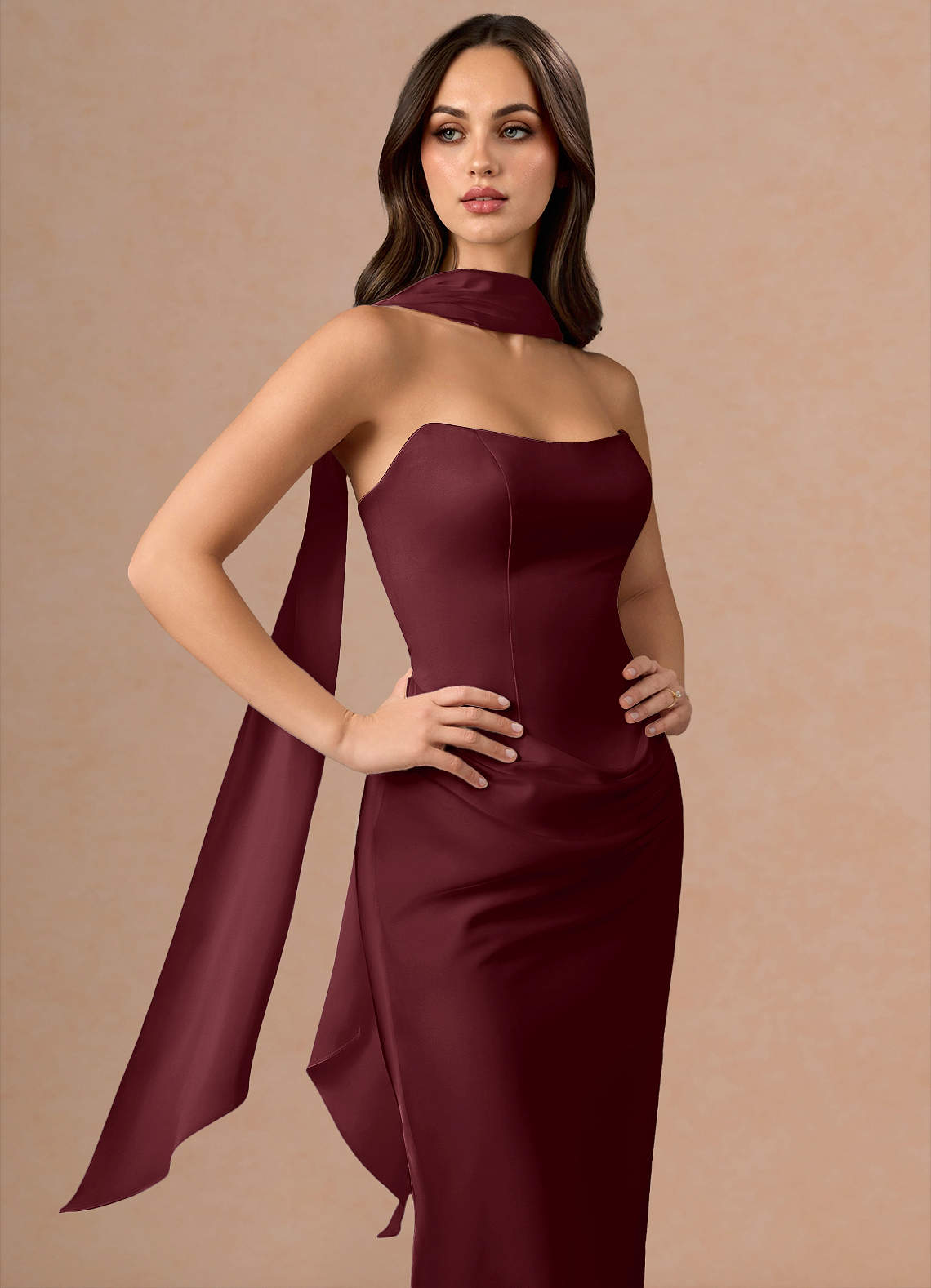 Valencia Scarf Lace-Up Stretch Satin Evening Dress in Wine
