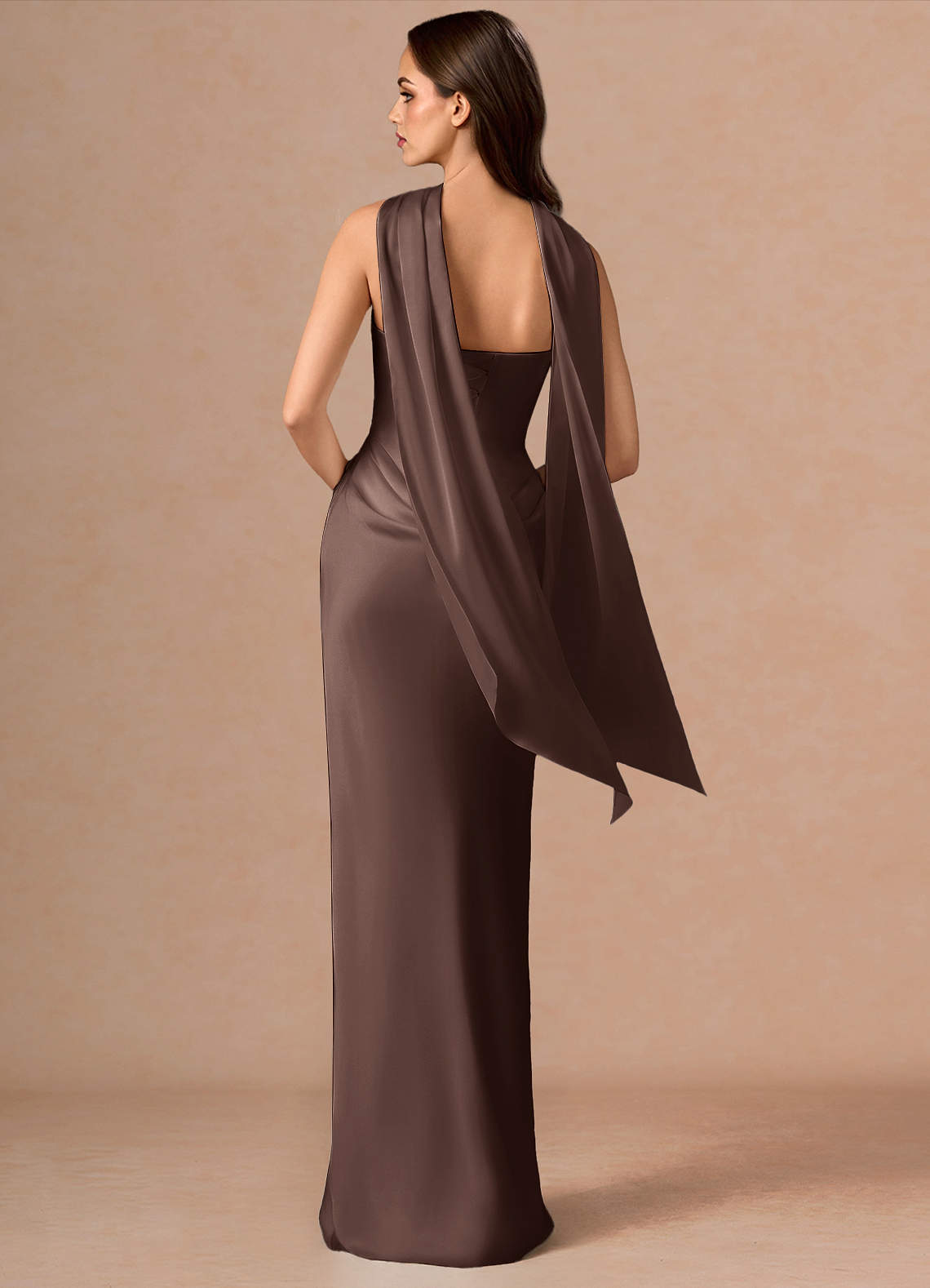Valencia Scarf Lace-Up Stretch Satin Evening Dress in Truffle
