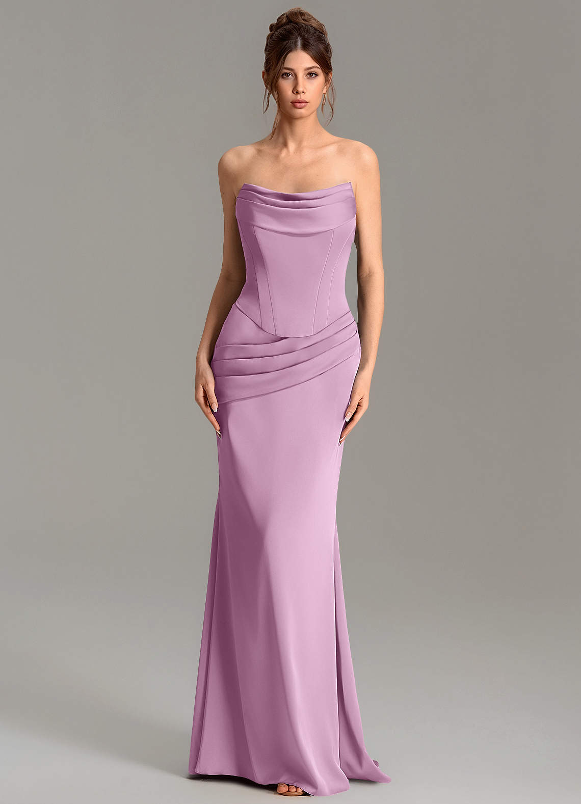 Adrienne Mermaid Cowl-Neck Stretch Satin Bridesmaid Dress in Wisteria
