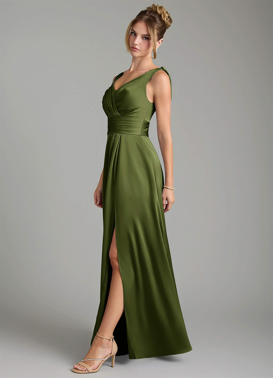 Karina A-Line V-Neck Stretch Satin Bridesmaid Dress in Olive