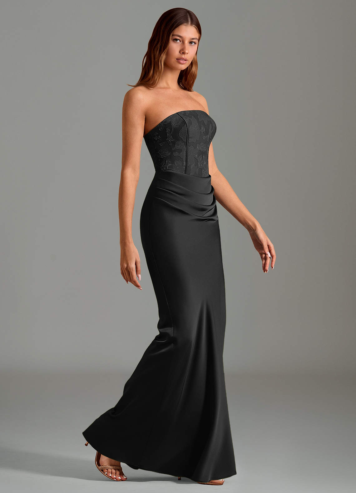 Emilia Mermaid Strapless Stretch Satin and Floral Burnout Bridesmaid Dress in black