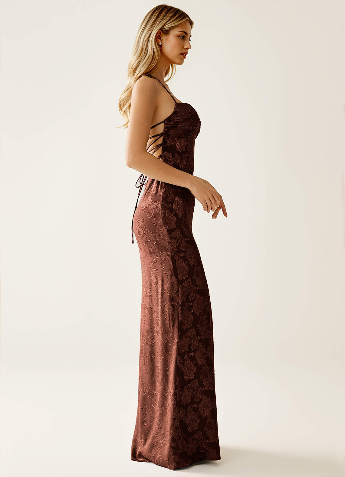 Angena Sheath Halter Floral Burnout Evening Dress in Mocha Coco