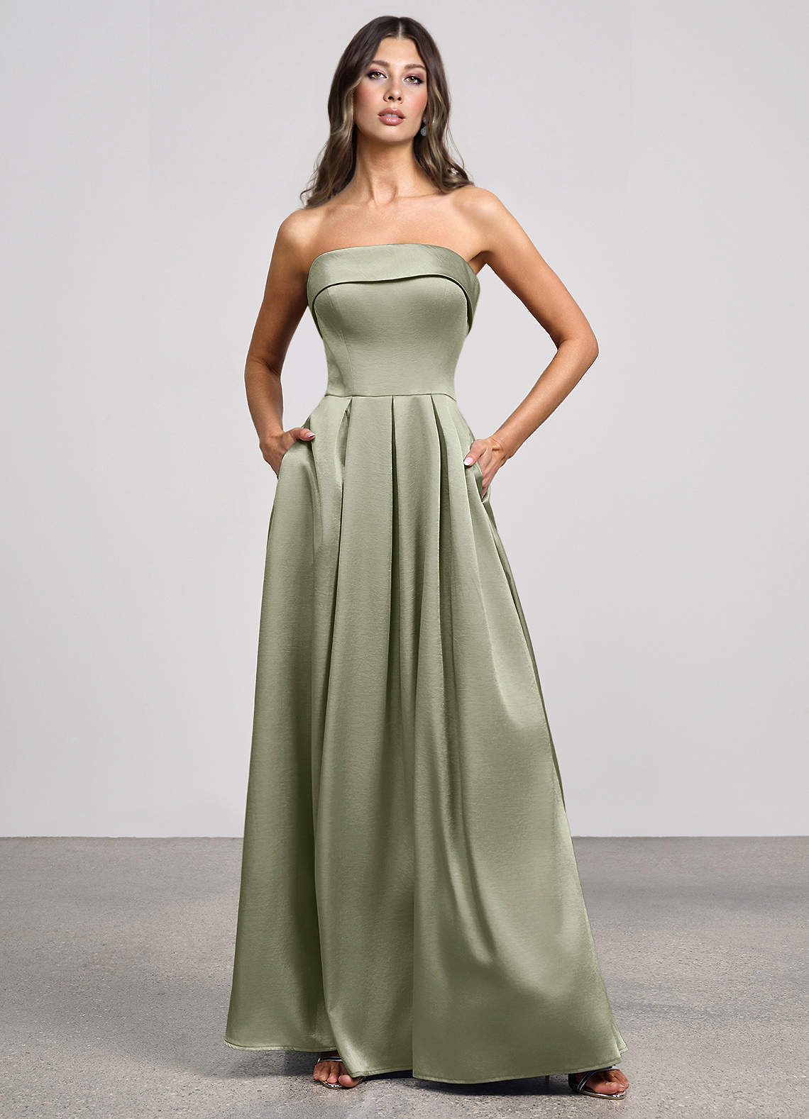 Isolde Strapless Folded-Neck Corset Luminous Satin Evening Dress in Dusty Sage