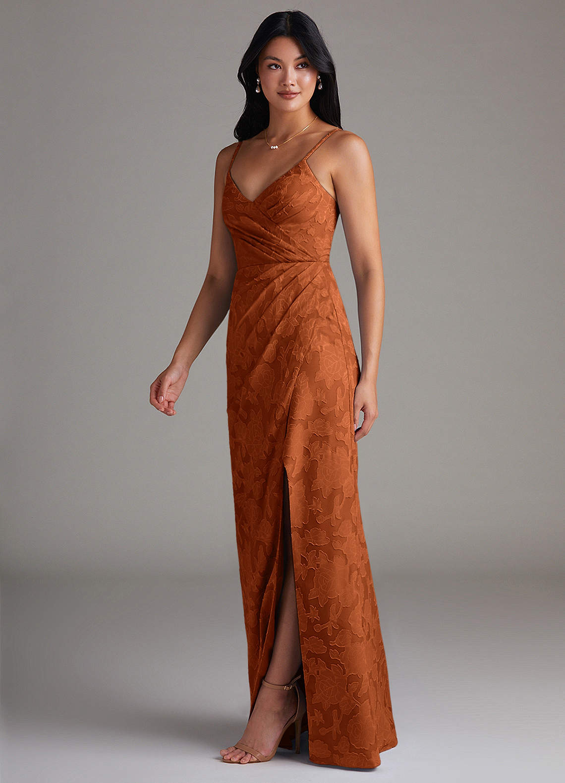 Maci Sheath V-Neck Floral Burnout Bridesmaid Dress in Burnt Orange