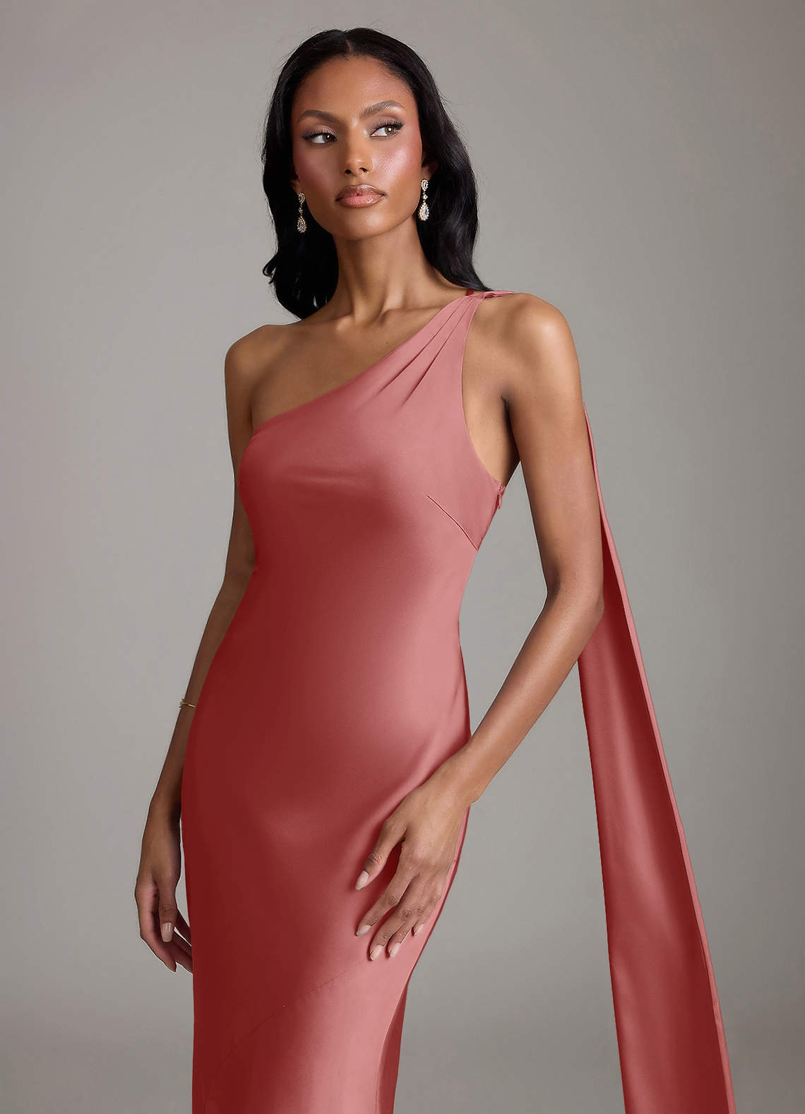 Juniper Mermaid One-Shoulder Stretch Satin Bridesmaid Dress in Antique Rose