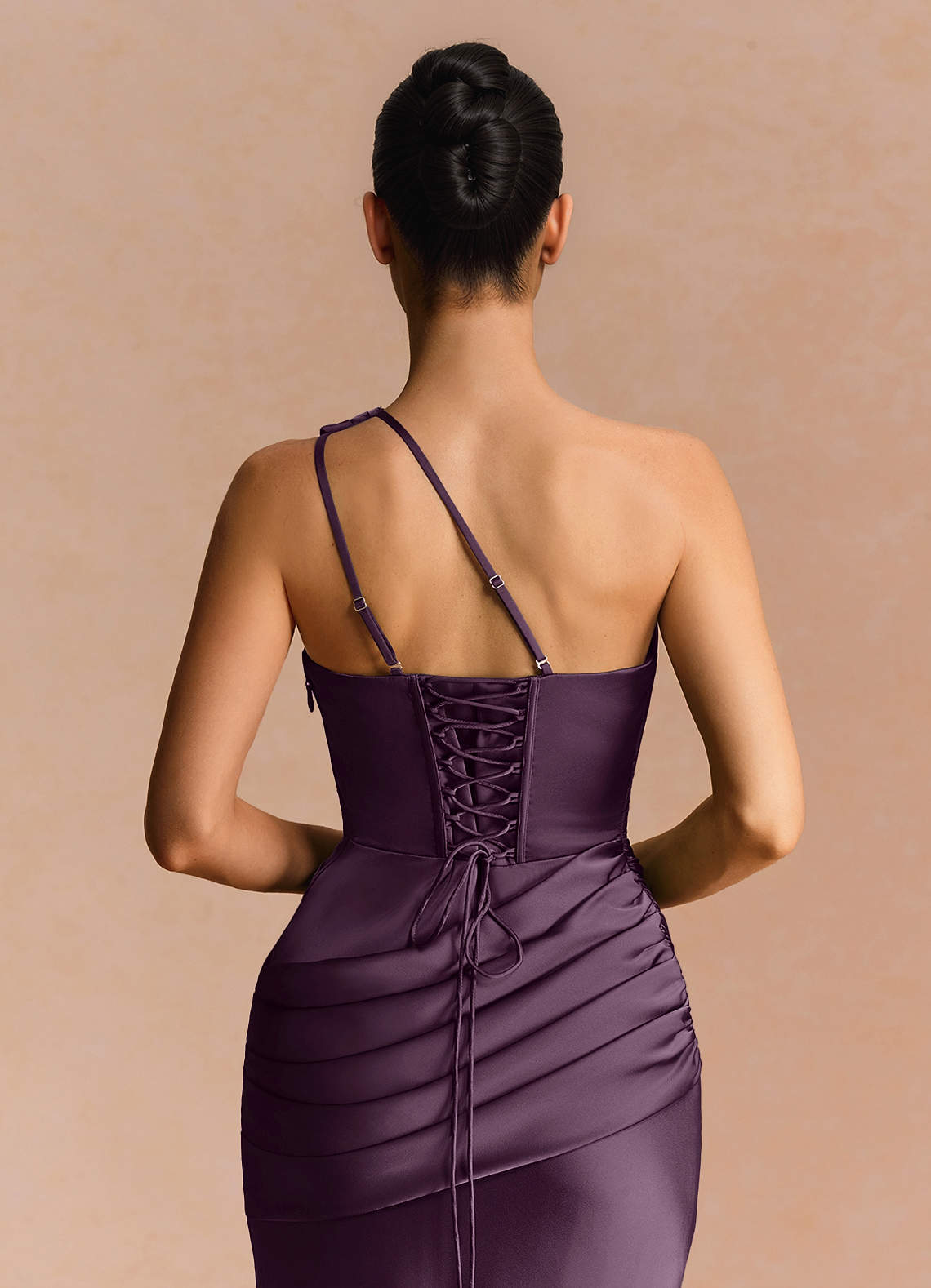 Guinevere One-Shoulder Cutout Stretch Satin Evening Dress in Dark Purple