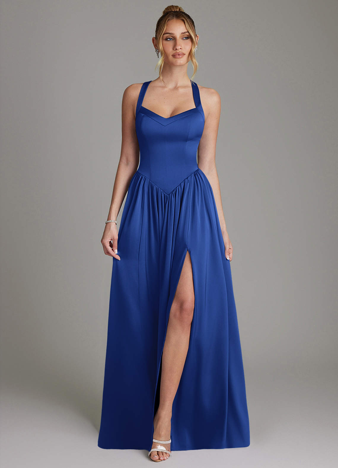 Francis A-Line V-Neck Stretch Satin Bridesmaid Dress in Royal Blue