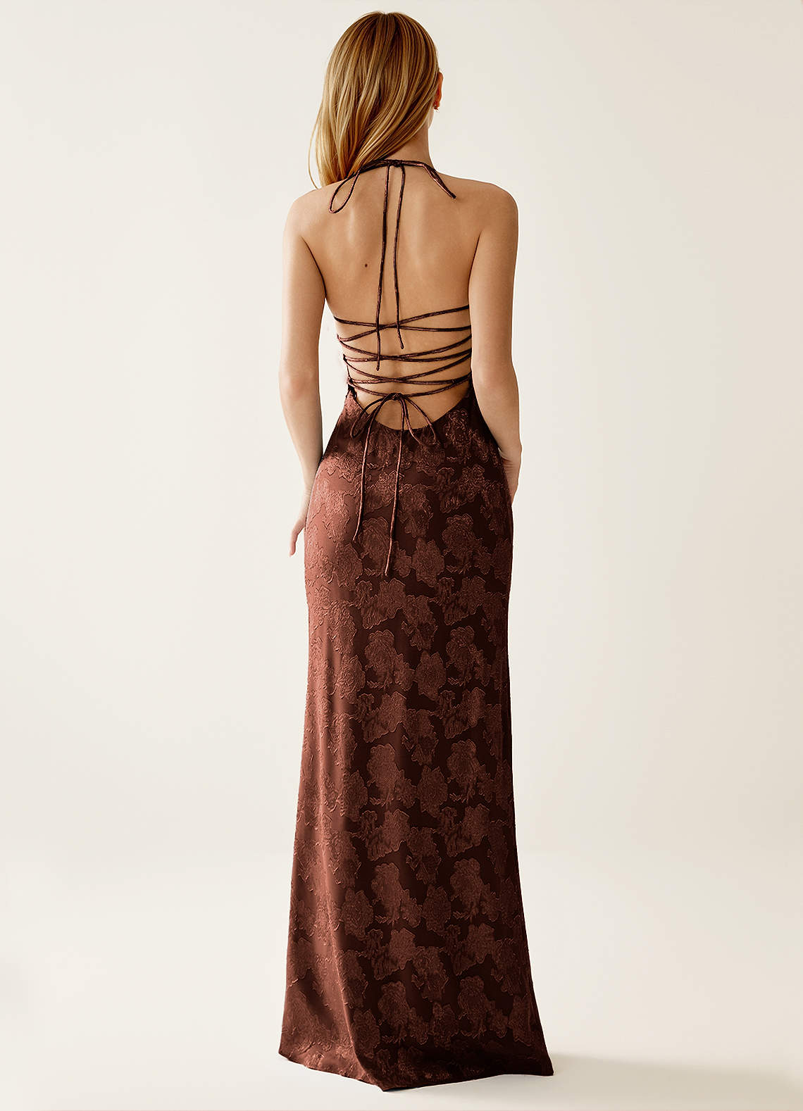 Angena Sheath Halter Floral Burnout Evening Dress in Mocha Coco