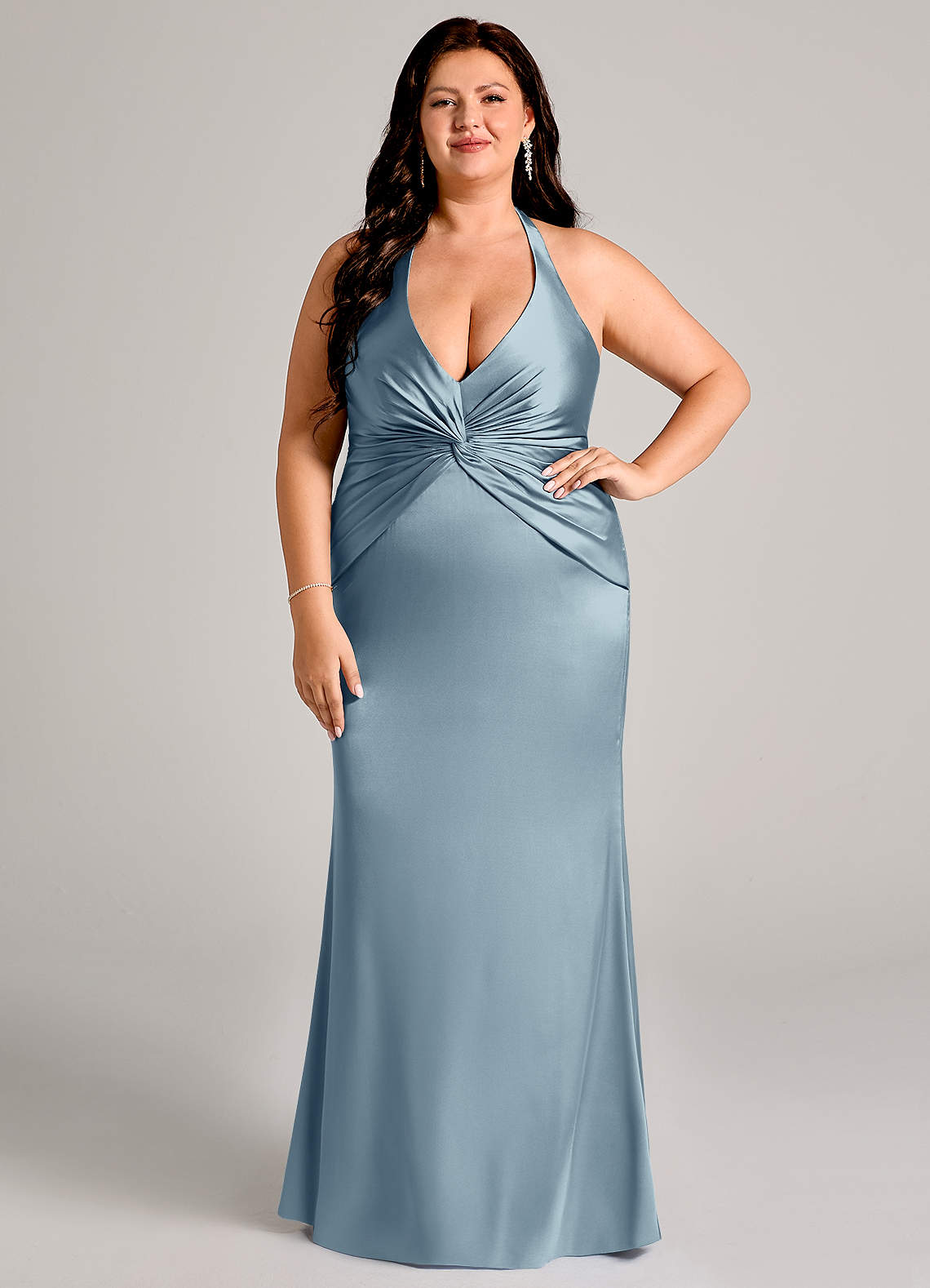 Valerie Mermaid V-Neck Stretch Satin Bridesmaid Dress in dusty blue