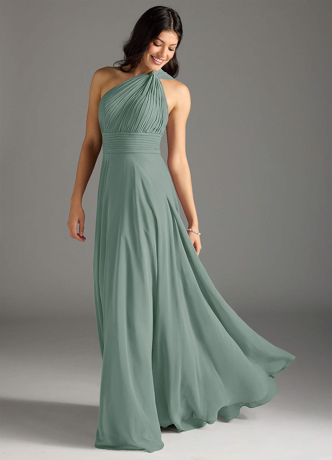 Charlize A-Line One-Shoulder Chiffon Bridesmaid Dress in Silver Sage