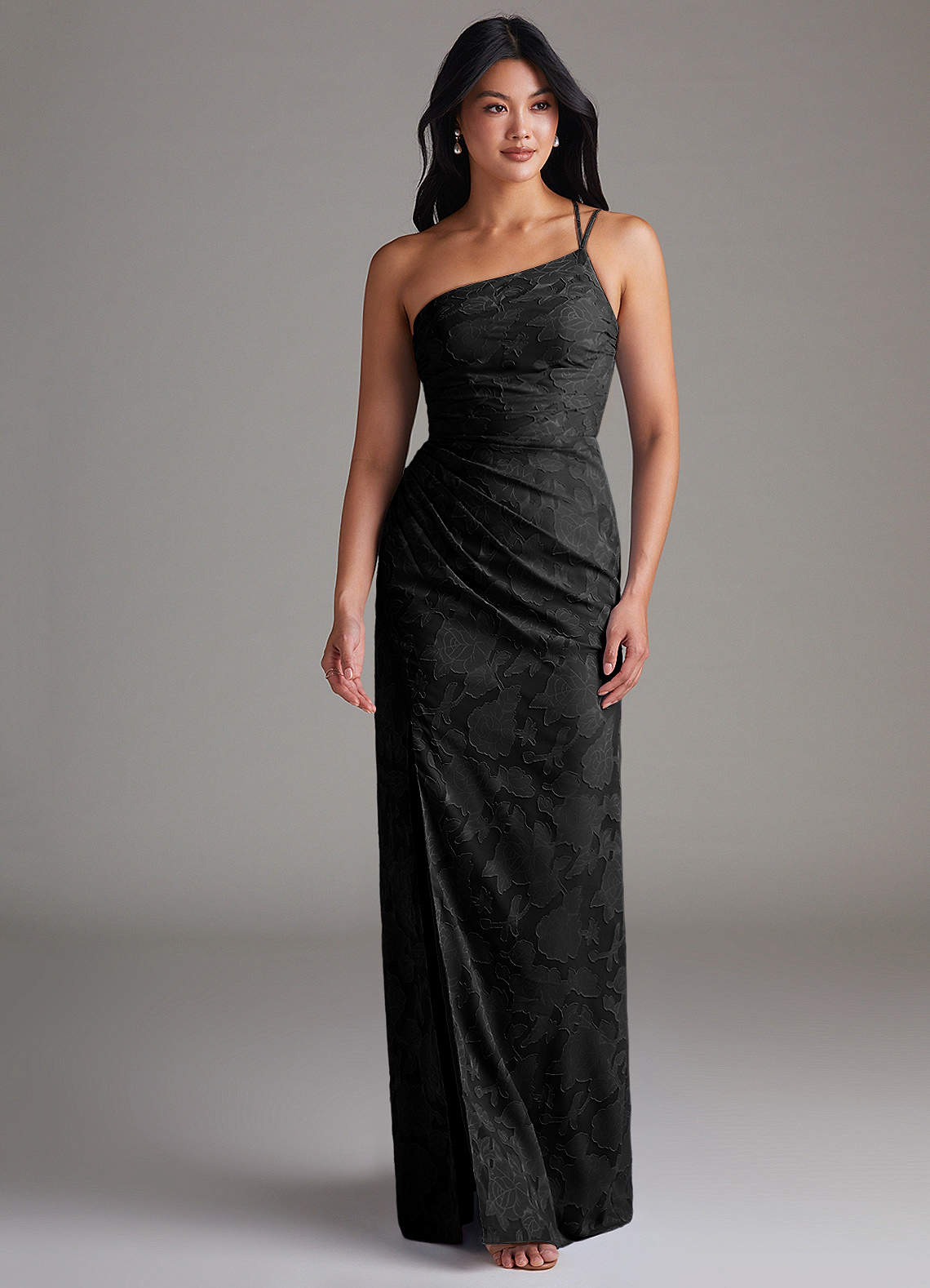 Eren Sheath One-Shoulder Floral Burnout Bridesmaid Dress in black