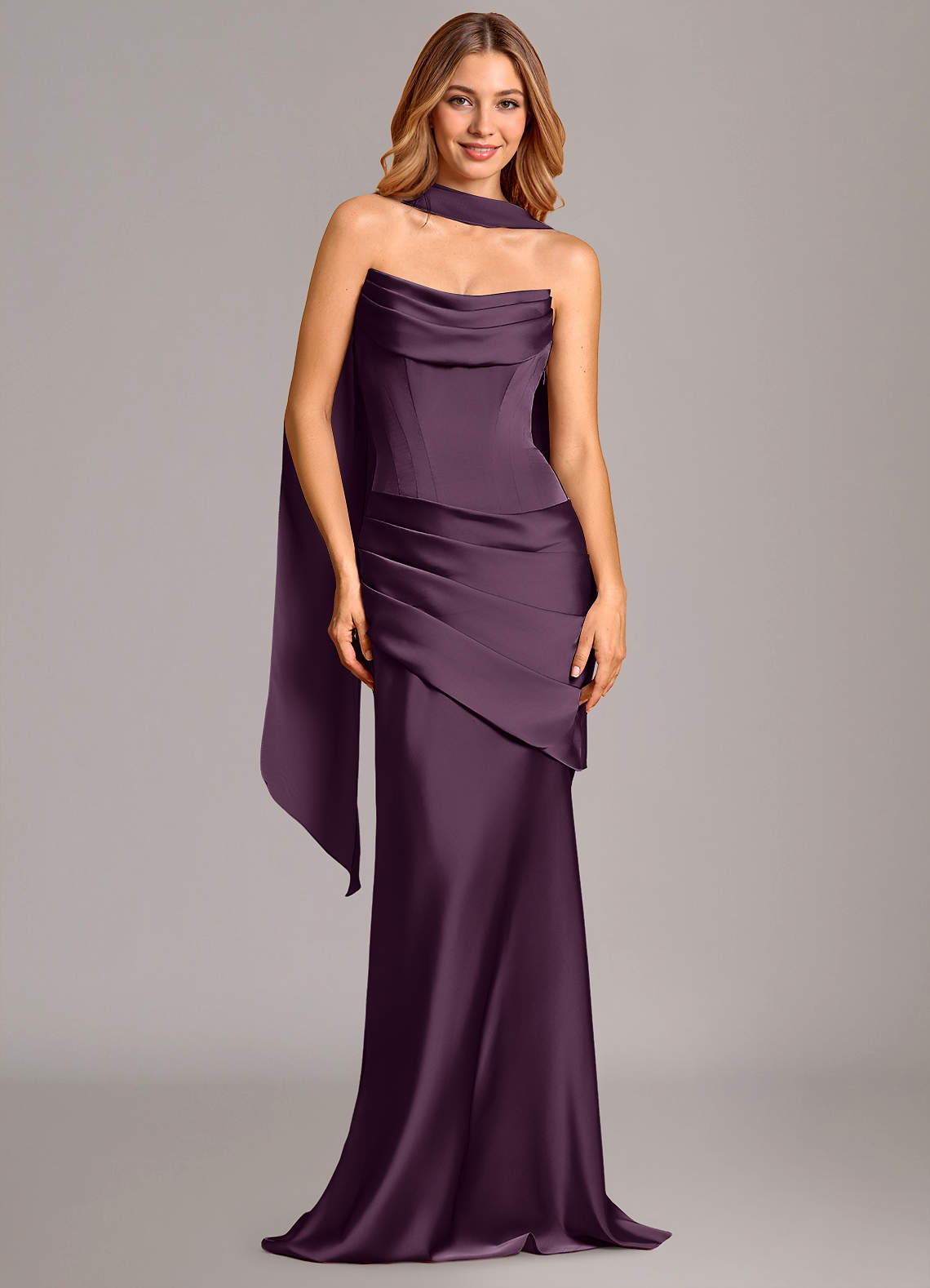 Pelagia Mermaid Cowl-Neck Stretch Satin Bridesmaid Dress in Plum
